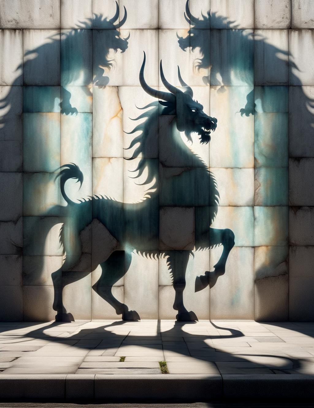 DonM5h4d0w5XL shadow  on a time crystal facades wall, qilin, <lora:DonM5h4d0w5XL-000010:1>