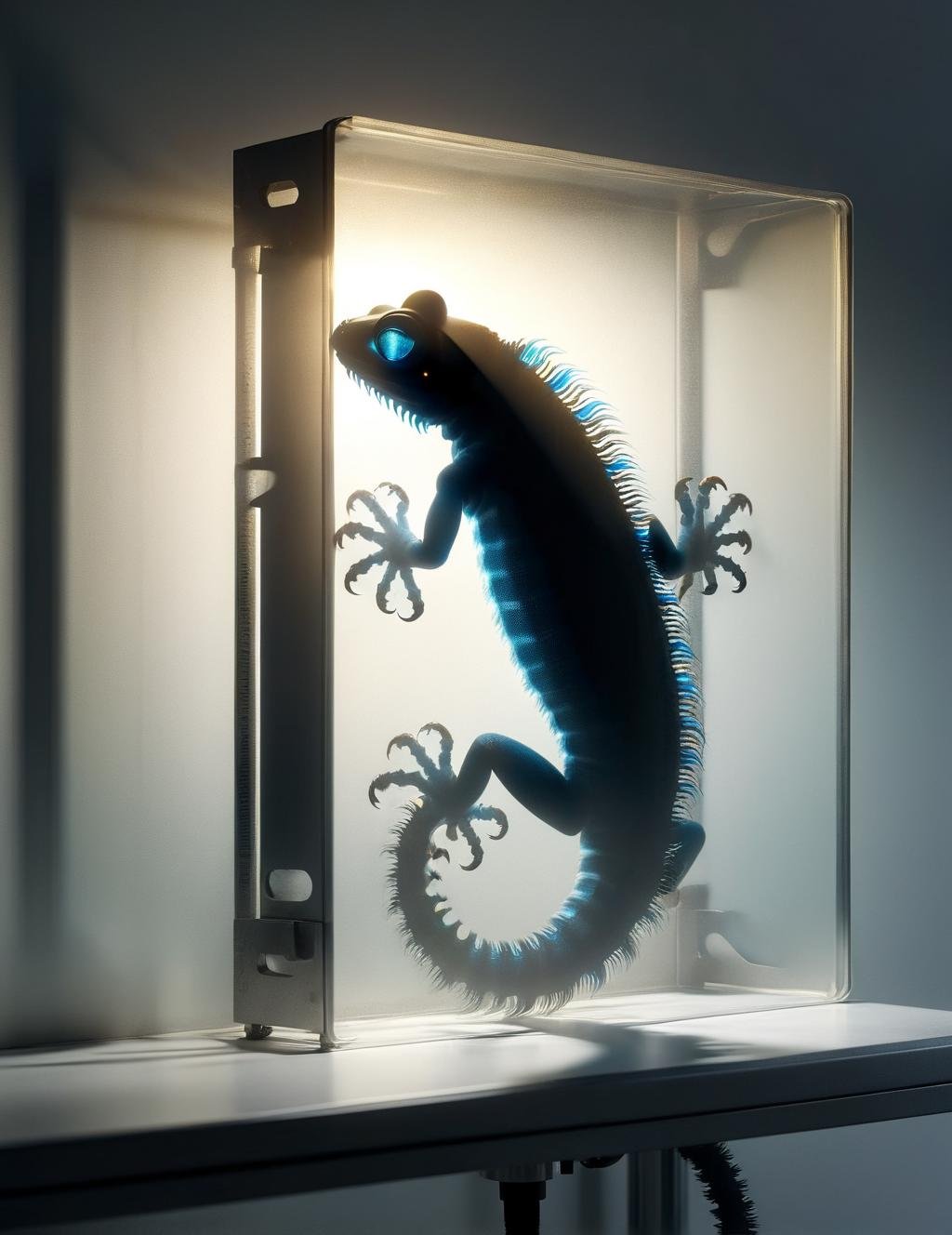 DonM5h4d0w5XL shadow  on a bioart tool (lab equipment for bioart) wall, fire salamander, <lora:DonM5h4d0w5XL-000010:1>