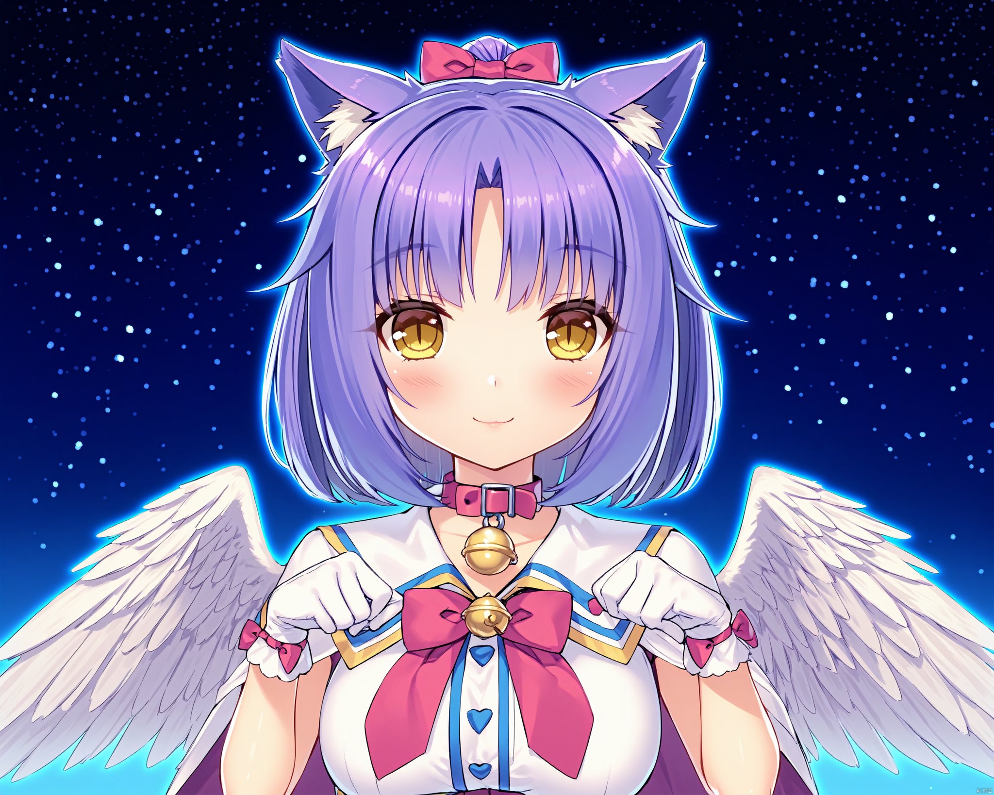 nekopara,Cinnamon_\(nekopara\), solo, animal_ears, cat_ears, yellow_eyes, gloves, looking_at_viewer, smile, bow, wings, white_gloves, purple_hair, paw_pose, bell, collar, bowtie, cape, choker, short_hair, neck_bell, red_bow, star_(sky), bangs, starry_sky, upper_body, cat_girl, feathered_wings, white_wings, sky, jingle_bell, breasts, ribbon, red_bowtie, blush, pink_bow, slit_pupils