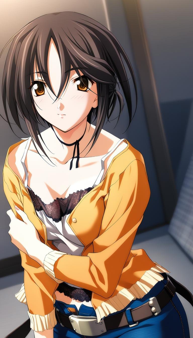 1girl,Sendou Mahiro,orange jacket, white camisole with black lace, jeans, black neck ribbon, belt,simple background,white background,masterpiece,best quality,game cg,(illustration:1.2),(extremely fine and beautiful),(perfect details),(unity CG 8K wallpaper:1.05),(ray tracing),(depth of field:0.6),(detailed beautiful eyes:1.2),(beautiful face:1.2),<lora:SendouMahiroXL:1>,