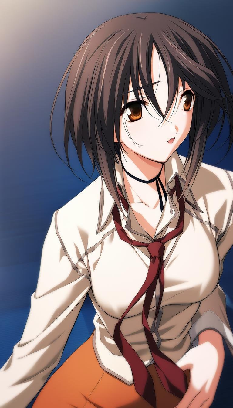 1girl,Sendou Mahiro,brown shirt,red slim tie,orange skirt,black neck ribbon,masterpiece,best quality,game cg,(illustration:1.2),(extremely fine and beautiful),(perfect details),(unity CG 8K wallpaper:1.05),(ray tracing),(beautiful and clear background:1.25),(depth of field:0.6). (detailed beautiful eyes:1.2),(beautiful face:1.2),(hair blowing with the wind:1.1),<lora:SendouMahiroXL:1>,