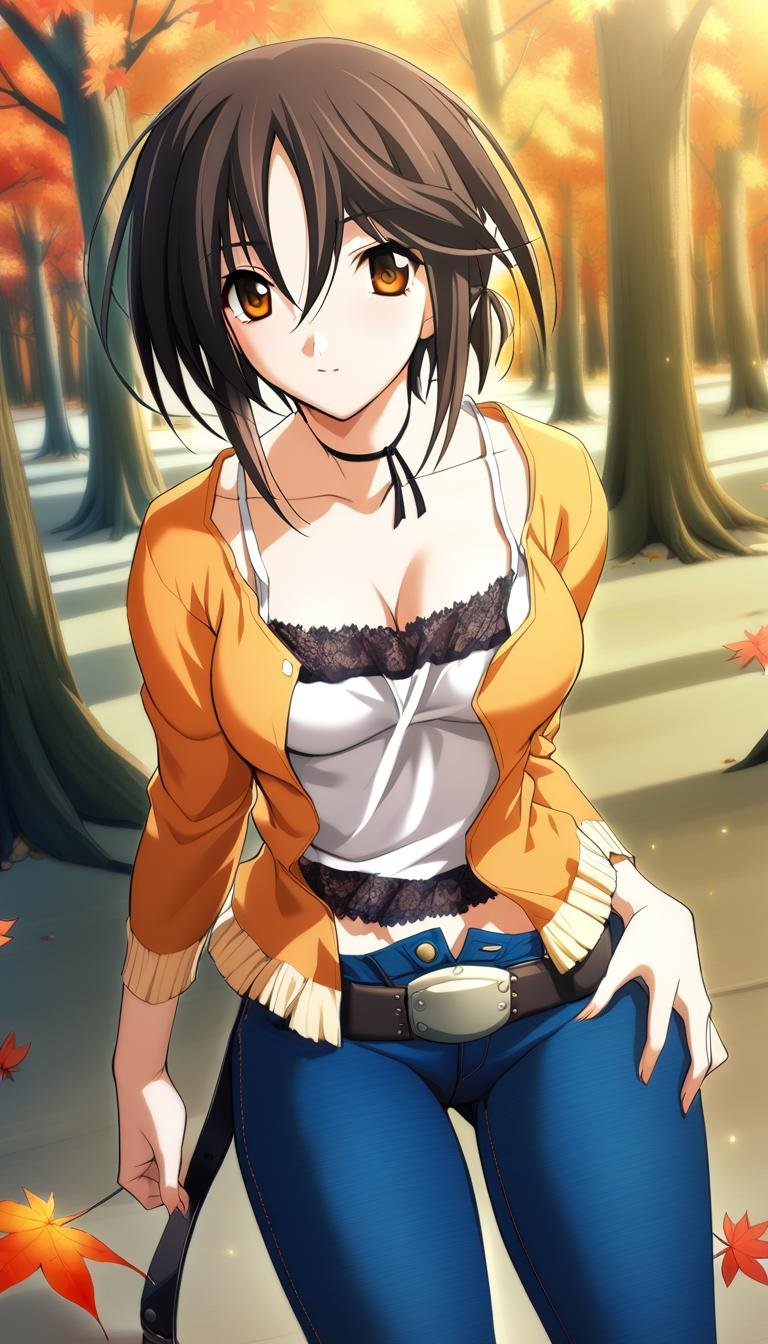 1girl,Sendou Mahiro,orange jacket,white camisole with black lace,jeans,black neck ribbon,1belt,cleavage,breasts,masterpiece,best quality,game cg,(detailed beautiful eyes:1.2),(beautiful face:1.2),<lora:SendouMahiroXL:1>,(autumn maple forest:1.3),(very few fallen leaves),standing,(beautiful and clear background:1.2),(depth of field:0.6),(unity CG 8K wallpaper:1.05),