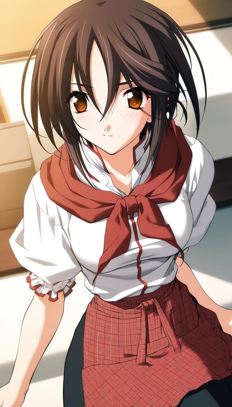 1girl,Sendou Mahiro,white blouse, red neckcheif, black skirt with a red plaid apron, frilled cuffs, red stripe,masterpiece,best quality,game cg,(illustration:1.2),(extremely fine and beautiful),(perfect details),(unity CG 8K wallpaper:1.05),(ray tracing),(beautiful and clear background:1.25),(depth of field:0.6), (detailed beautiful eyes:1.2),(beautiful face:1.2),<lora:SendouMahiroXL:1>,