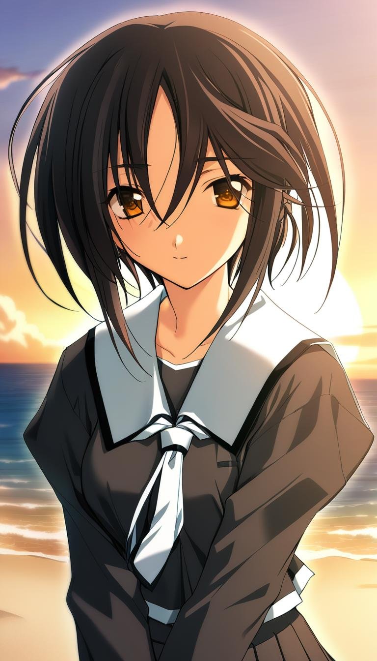 1girl,Sendou Mahiro,black school uniform,white tie with a black edge,black pleated skirt with a white edge,yellow button on the black cuff with a black edge,sailor collar with a black edge,sunset,beach,ocean,water,outdoors,masterpiece,best quality,game cg,(detailed beautiful eyes:1.2),(beautiful face:1.2),<lora:SendouMahiroXL:1>,