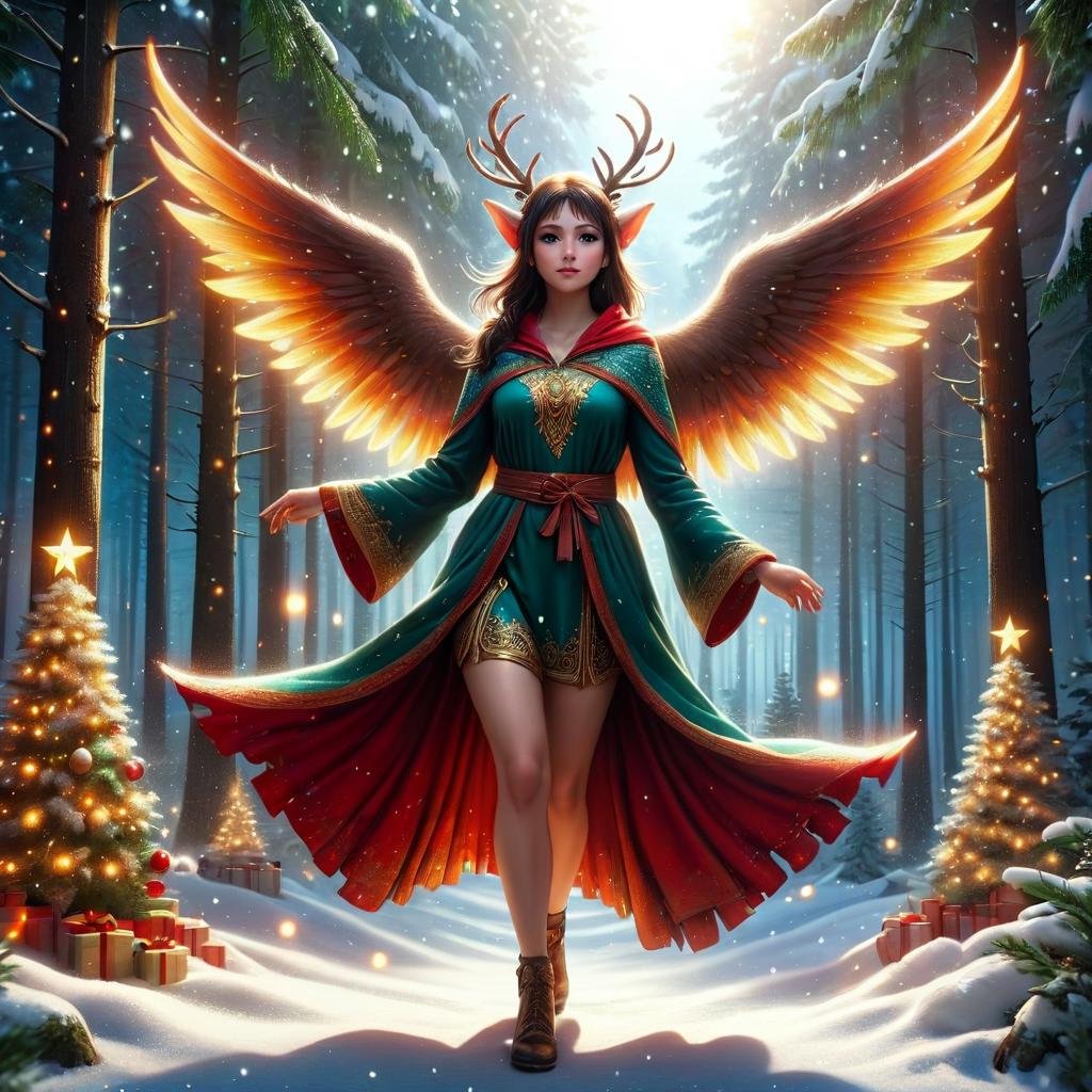 <lora:Neon_Christmas_Style_XL:0.75>Chr457m45m3rg3D0nMN3M1C female pixie, tiny, mischievous humanoid creature, 1 to 2 feet tall, forests , playful, curious, delicate wings, flitting throught the air, fanatasy , late twenties, slender, central asian, dark green eyes,  aquiline nose, pointed chin, protruding jaw, symmetrical cheeks,  square face shape with angular jaw, cute navel,   nasal septum, caramel  side-swept bangs hair, fear , observing patterns in the movements of magical creatures, decoding their behavior, griffin wings      wearing   radiant aura  mystic robe with train,   rune-etched tunics, loafers,    shawl   frame pack    infuse ( curved lines  liquid  nanoceramic coatings convection  turquoise stun  bewildering  swirling  circle packing magic:1.0) , blowing magical dust into the air, using it for mystical purposes, glowing runes , glowing runes, a colorful autumn landscape, with trees adorned in vibrant shades of red, orange, and gold  , (neon:0.7) (christmas:0.7), (snow:0.7), (winter:0.6)