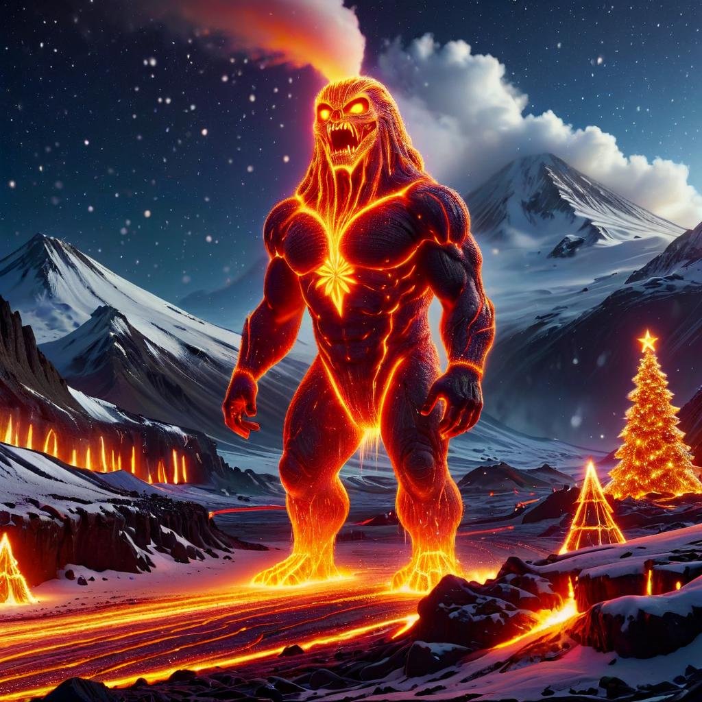 <lora:Neon_Christmas_Style_XL:0.75>Chr457m45m3rg3D0nMN3M1C Chr457m45m3rg3D0nMN3M1C a monstrous lava creature terrorizing the inhabitants of a volcano-ridden island, (neon:0.7) (christmas:0.7), (snow:0.7), (winter:0.6)