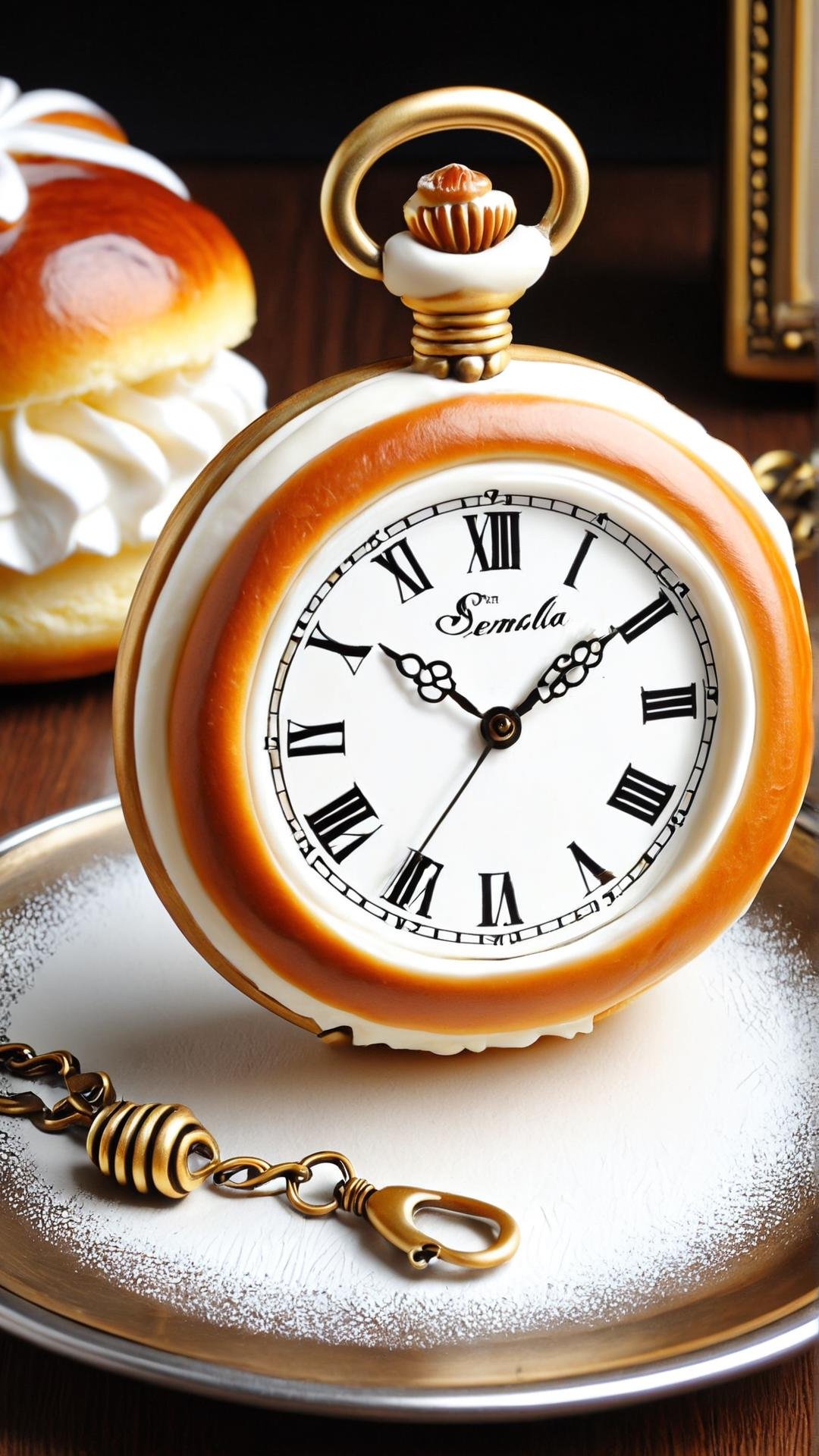 <lora:SemlaStyleXL:1>SemlaStyle vintage pocket watch, made out of semla, (Masterpiece:1.3) (best quality:1.2) (high quality:1.1)