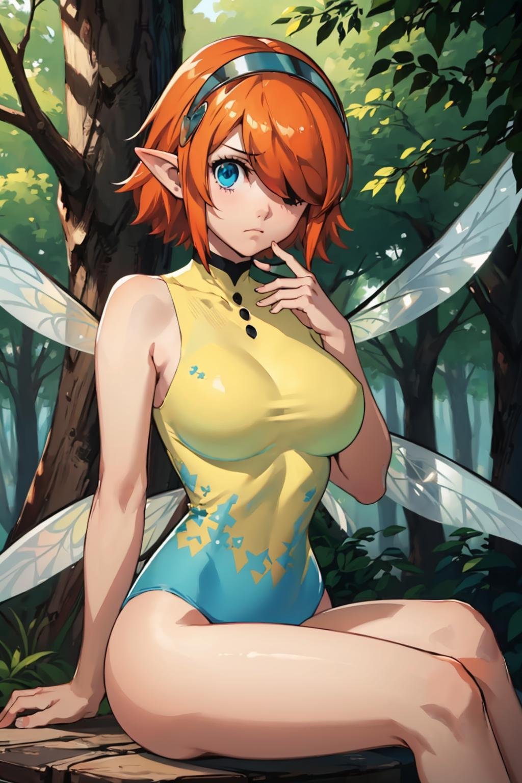 (masterpiece, best quality:1.2), 1girl, sitting, hand on own chin, frown, large breasts, <lora:GallicaMR:0.8> gallicamr, short hair, hair over one eye, hairband, pointy ears, leotard, fairy wings, forest, trees