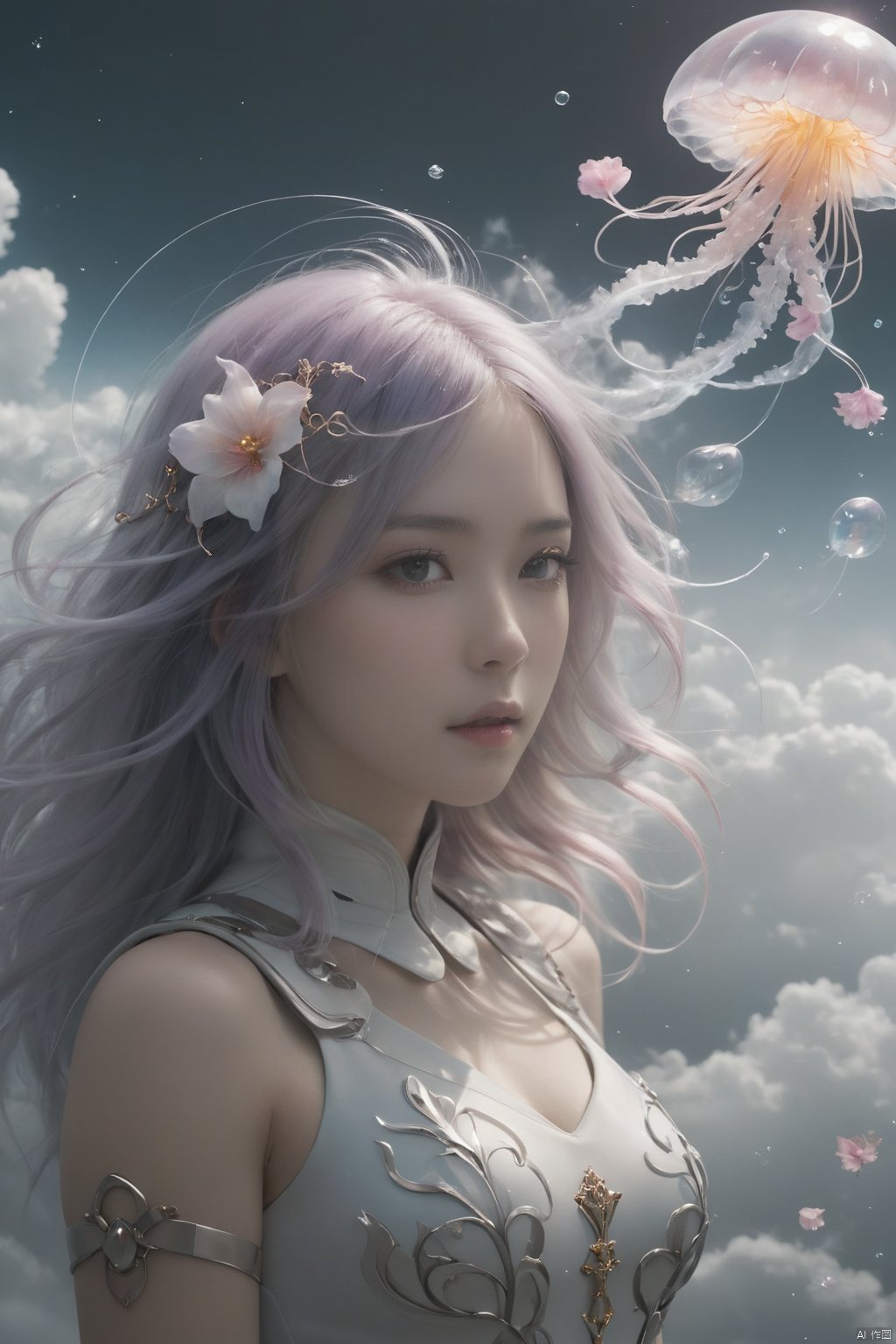  1girl,wearing Collectable Space Age Pearlescent Bracers, soft focus, Modern Art, （key light：1.2）,flower,jellyfish, Grayscale, glittering, runes,( Light streaks:1.3), （highly detailed：1.3）, 8K,jellyfishforest,,Fractal,smoke, cloud,Soaring through the clouds and mist, Colored hair,Colored smoke,moyou, Multidimensional diffraction paper, , glow, 35mm film photography, MAJICMIX STYLE