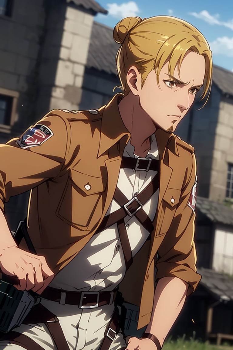 solo male, Eld Gin, Attack on Titan, blond hair, middle parting hair, single hair bun, brown eyes, sideburns, thin goatee, Scout Regiment uniform, white shirt underneath, brown jacket, white pants, knee boots, three-dimensional maneuver gear, mature, handsome, charming, alluring, standing, upper body, perfect anatomy, perfect proportions, best quality, masterpiece, high_resolution, dutch angle, cowboy shot, photo background