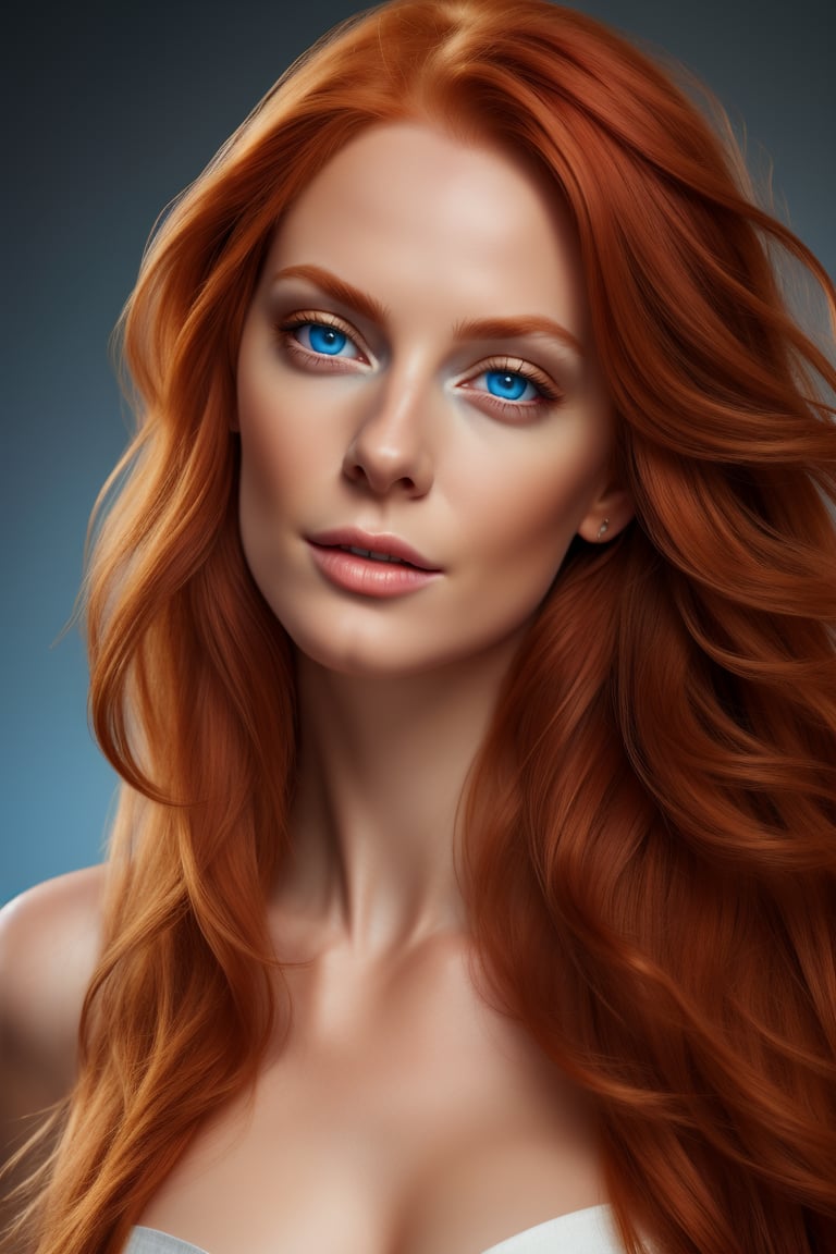 Hyper realistic UHD 4K image, photographic quality portrait of beautiful woman, redhead, long hair, blue eyes,Masterpiece