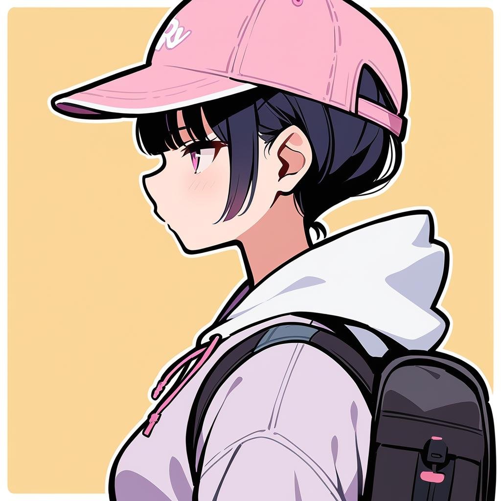 Masterpiece, best quality, solo, 1girl, profile, yellow background, from side, white outline, hat, hood down, hood, pink headwear, drawstring, outline, short hair, upper body, simple background, hoodie, white hoodie, halftone, baseball cap, pink eyes, black hair, backpack, grey hoodie, bag, bangs <lora:Autodl1956-000015:0.6>