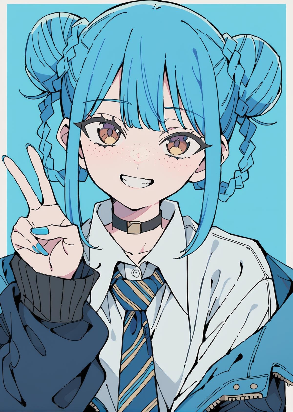 flat color, 1girl, solo, necktie, double bun, v, smile, jacket, choker, braid, hair bun, looking at viewer, shirt, simple background, upper body, blue background, nail polish, blue nails, collared shirt, brown eyes, bangs, blue necktie, black choker, white shirt, blue hair, freckles, grin, striped necktie, long sleeves, open jacket, blue jacket, twin braids, hand up, <lora:CoolFlatColor-000014:0.8>