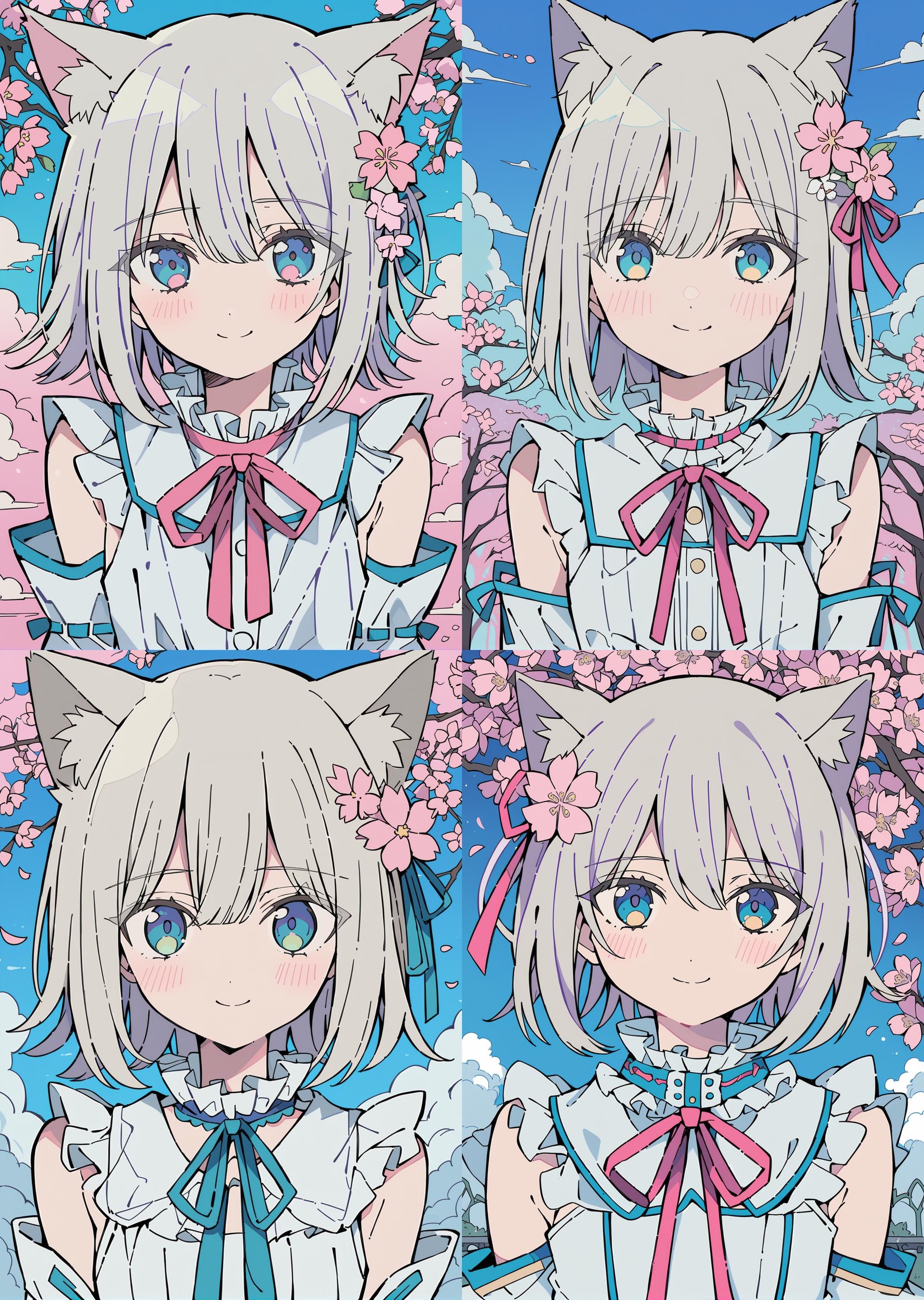 flat color, 1girl,cherry blossoms,hair flower,smile,ribbon,hair ribbon,cat ears,animal ear fluff,blue eyes,short hair,grey hair,bangs,hair between eyes,eyebrows visible through hair,closed mouth,blush,neck ribbon,frilled,frilled_collar,flat chest,white dress,crease,sleeveless dress,detached_sleeves,looking at viewer,under the cherry blossoms tree,sky,cloud,upper_body, <lora:CoolFlatColor-000014:0.9>