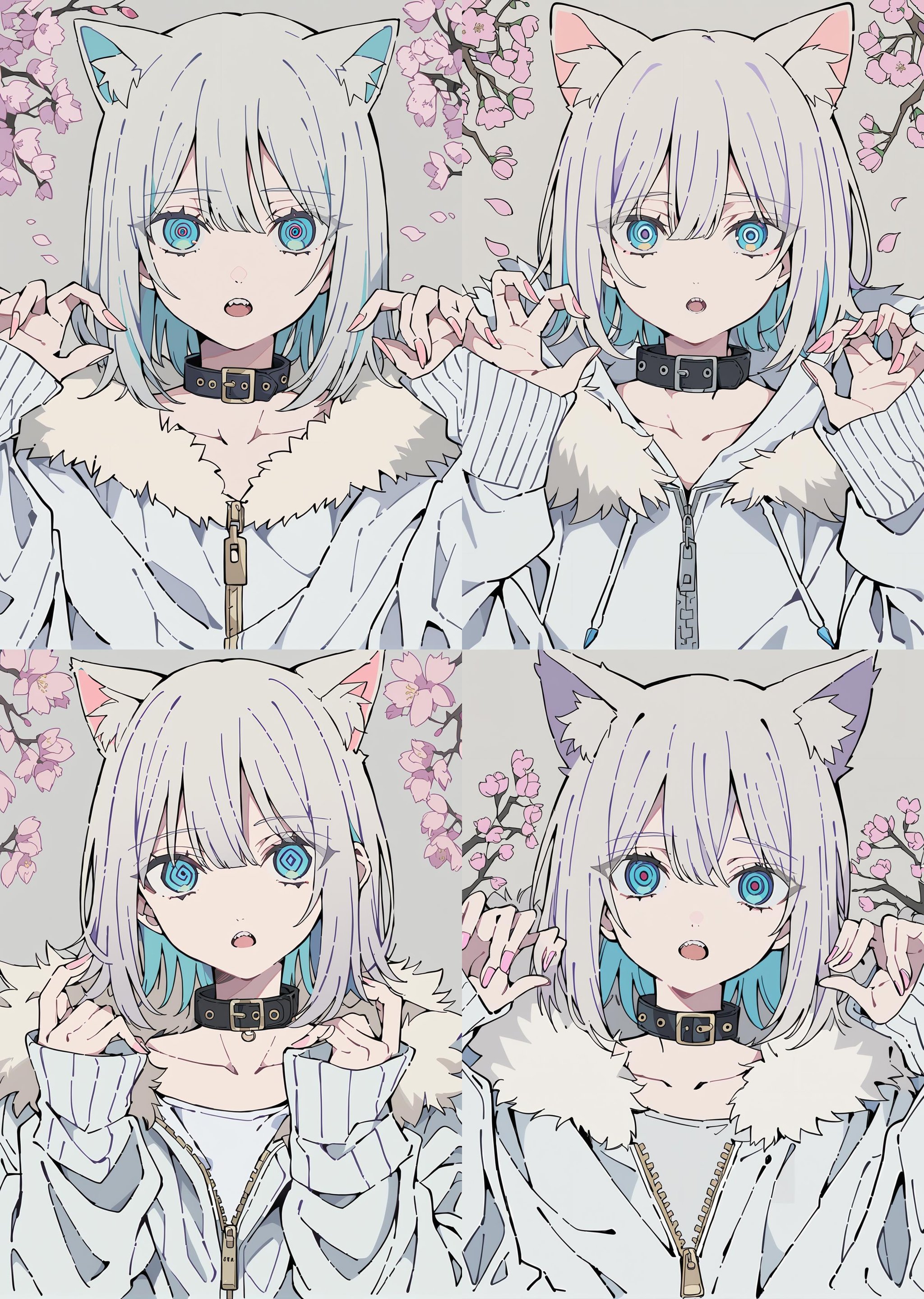 flat color, 1girl,cat ears,animal ear fluff,blue eyes,short hair,grey hair,bangs,hair between eyes,eyebrows visible through hair,flat chest,white dress,looking at viewer,under the cherry blossoms tree,sky,cloud,upper_body, jewelry, fur trim, jacket, simple background, collar, upper body, long hair, collarbone, open mouth, long sleeves, bangs, sleeves past wrists, fingernails, zipper, white background, hands up, piercing, teeth, grey background, multicolored hair, fur-trimmed jacket, black collar, ringed eyes <lora:CoolFlatColor-000017:0.9>