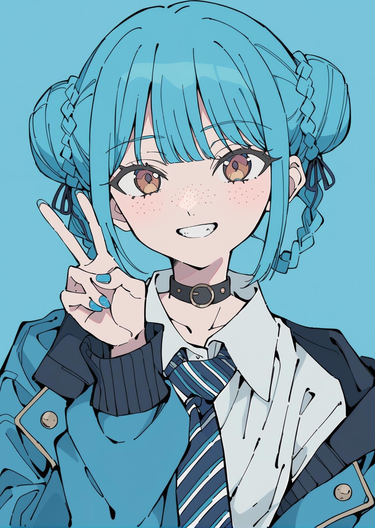 flat color, 1girl, solo, necktie, double bun, v, smile, jacket, choker, braid, hair bun, looking at viewer, shirt, simple background, upper body, blue background, nail polish, blue nails, collared shirt, brown eyes, bangs, blue necktie, black choker, white shirt, blue hair, freckles, grin, striped necktie, long sleeves, open jacket, blue jacket, twin braids, hand up, <lora:CoolFlatColor-000014:0.8>