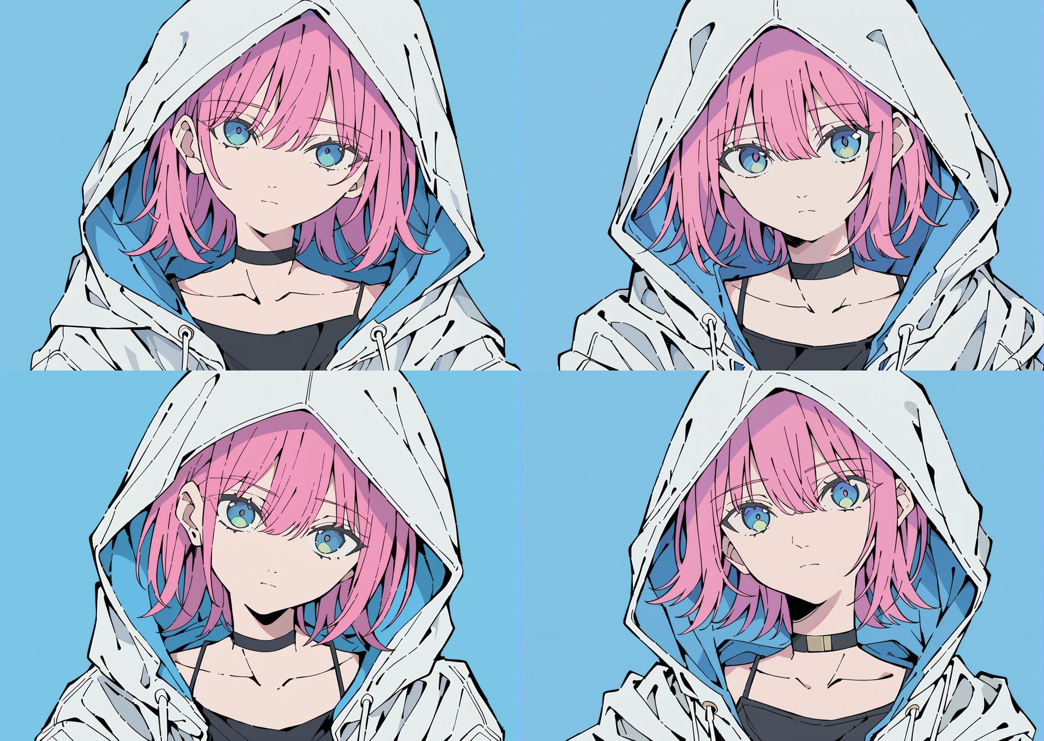 flat color, 1girl, solo, hood, blue eyes, pink hair, collarbone, looking at viewer, choker, hood up, blue background, jacket, simple background, hooded jacket, closed mouth, bangs, black choker, hoodie, white jacket, camisole, hair between eyes, short hair, head tilt, medium hair, <lora:CoolFlatColor-000014:0.9>