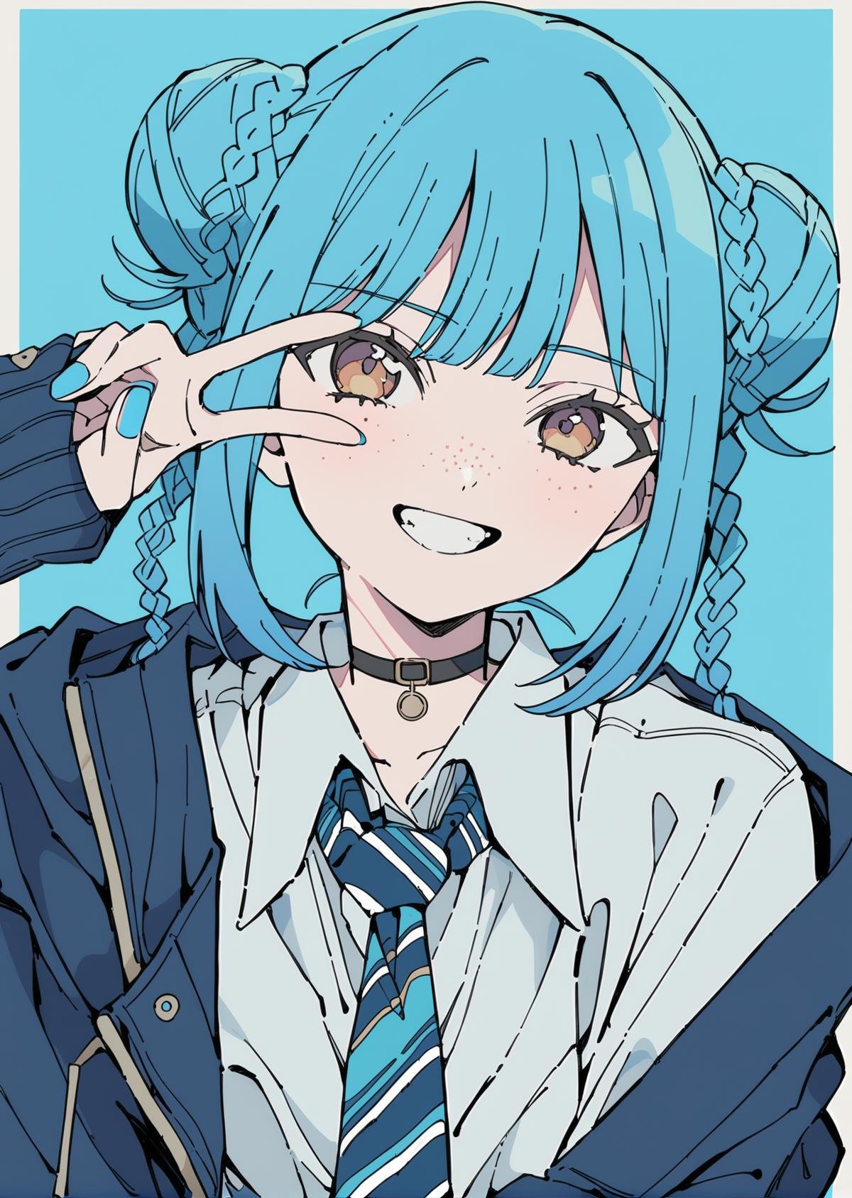 flat color, 1girl, solo, necktie, double bun, v, smile, jacket, choker, braid, hair bun, looking at viewer, shirt, simple background, upper body, blue background, nail polish, blue nails, collared shirt, brown eyes, bangs, blue necktie, black choker, white shirt, blue hair, freckles, grin, striped necktie, long sleeves, open jacket, blue jacket, twin braids, hand up, <lora:CoolFlatColor-000014:0.8>