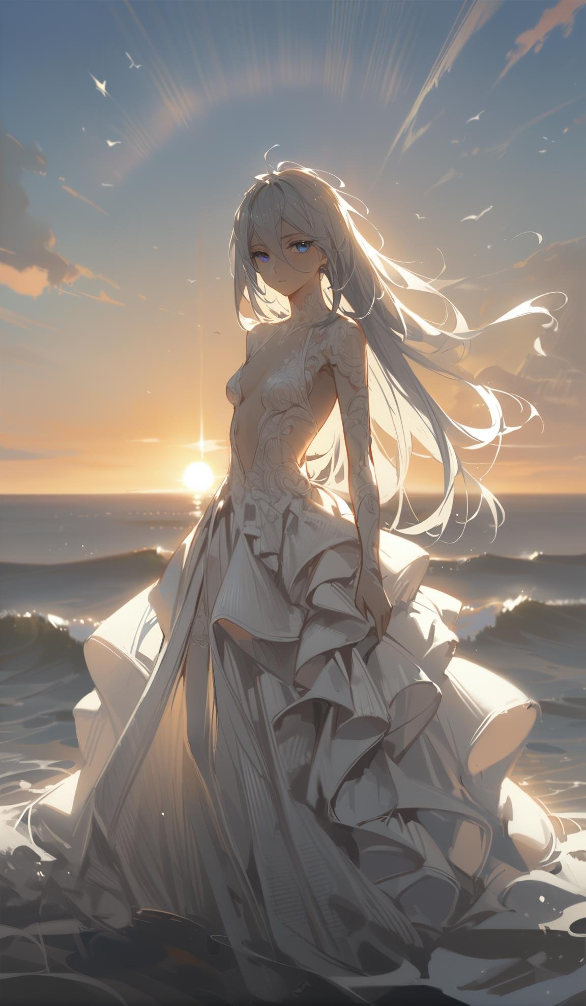 (oil painting:1.2),1girl,illustration,extremely detailed,white long hair,blue eyes,beautiful detailed eyes ,Hair glows,expressionless, hairs between eyes,sky,white stocking,((white bridal gown)),sun rise,sea, <lora:LightOilPainting-000015:0.9>