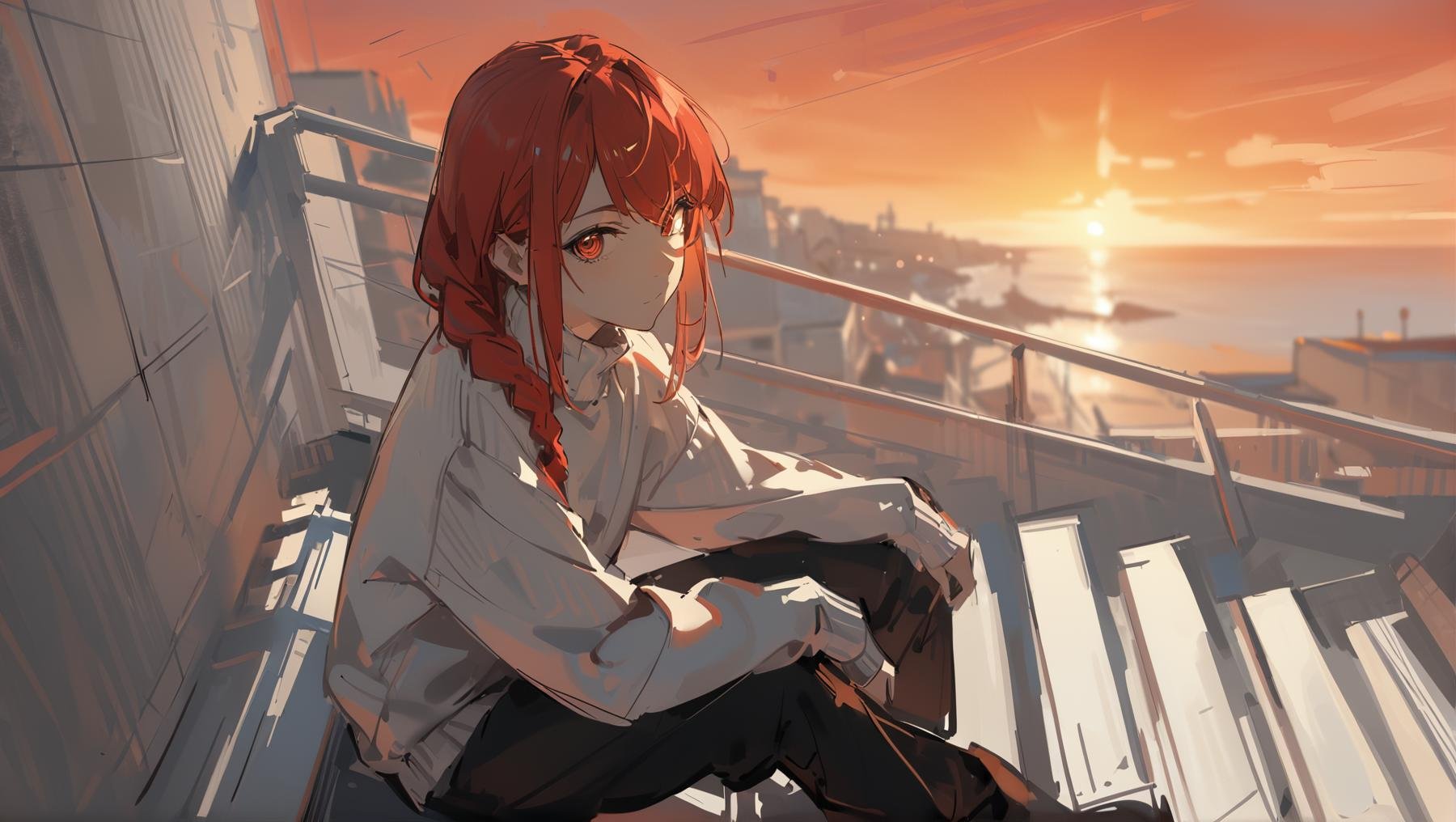 (sketch:1.1),oil painting, 1girl, bangs, red hair, black pants, braid, braided ponytail, closed mouth, hair over shoulder, long hair, long sleeves, looking at viewer,  outdoors, pants, red eyes, ringed eyes, single braid, sitting, sitting on stairs, solo, stairs, sunset, sweater, white sweater,  <lora:Impasto:0.85>