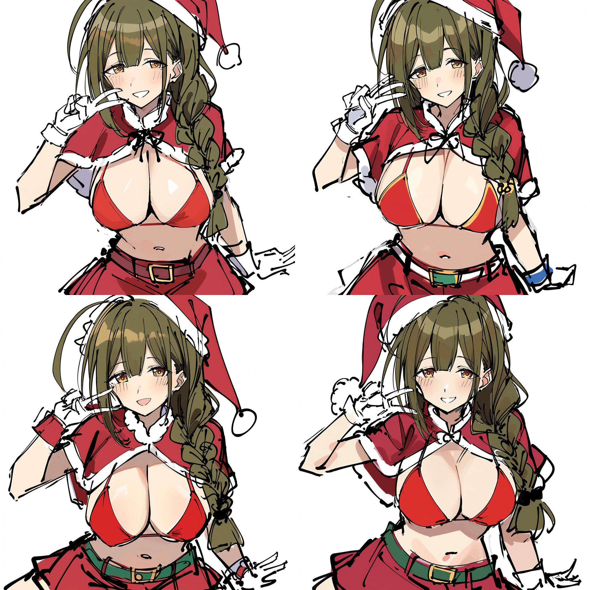 1girl, kuwayama chiyuki, breasts,( unfinished:1.2), hat, santa hat, solo, bikini, navel, swimsuit, braid, large breasts, cleavage, smile, skirt, christmas, brown hair, looking at viewer, red capelet, gloves, brown eyes, white background, ahoge, red bikini, blush, white gloves, long hair, santa costume, simple background, red skirt, capelet, v, belt, bikini top only, bangs, single braid, hair over shoulder, hair between eyes, <lora:roughsketch:0.8>