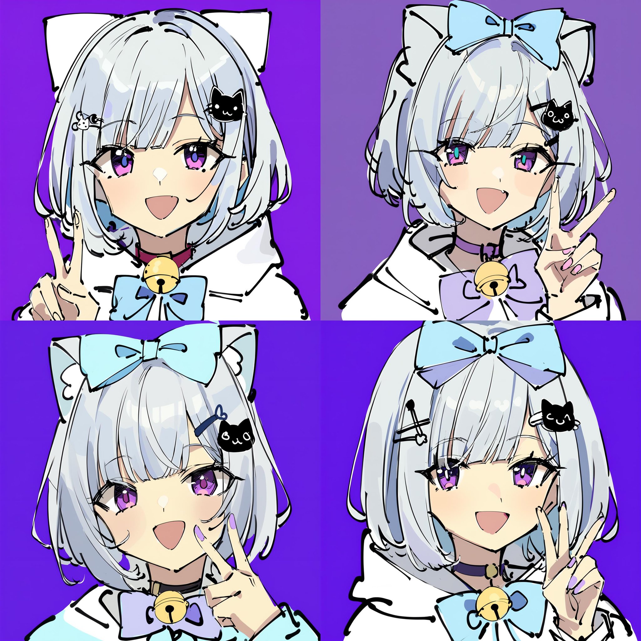 1girl, solo, bow, (unfinished:1.3), v, smile, hair ornament, purple eyes, grey hair, purple background, blue bow, looking at viewer, short hair, bell, purple bow, hair bow, virtual youtuber, open mouth, hairclip, portrait, simple background, cat hair ornament, bowtie, neck bell, hood, hand up, jacket, bangs, jingle bell, <lora:roughsketch:0.8>