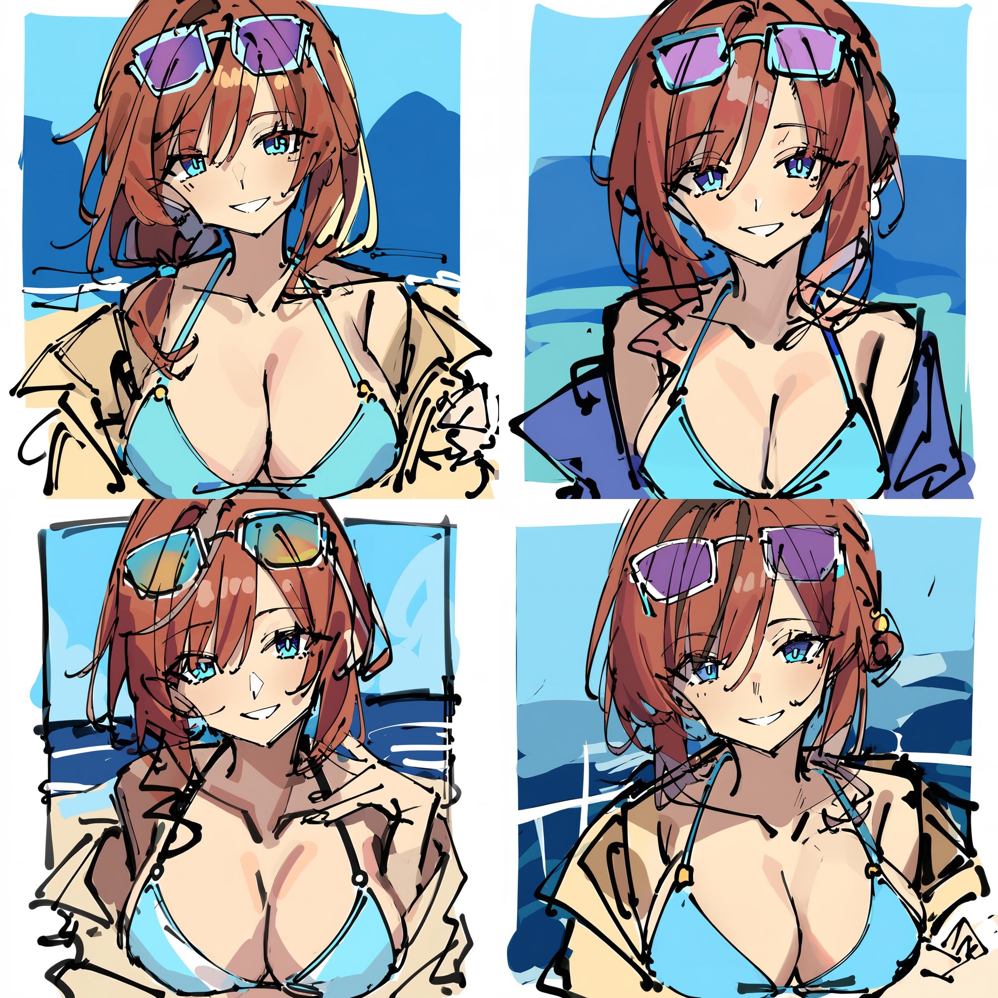 1girl, breasts, eyewear on head, (unfinished:1.3), solo, cleavage, sunglasses, looking at viewer, smile, swimsuit, blue eyes, upper body, brown hair, bikini, collarbone, multicolored hair, <lora:roughsketch:0.8>