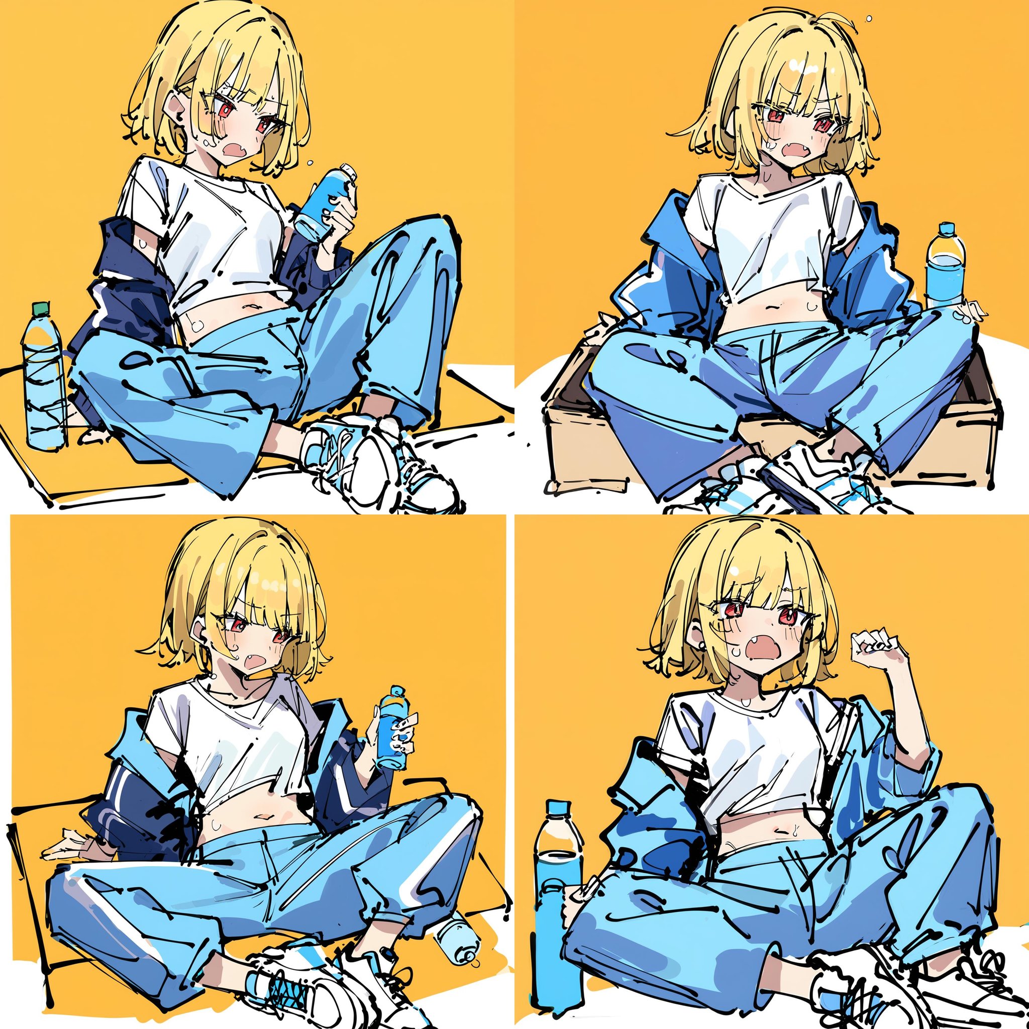 1girl, blonde hair, solo, (unfinished:1.2), jacket, shirt, sweat, pants, white shirt, red eyes, navel, fang, sitting, bottle, open mouth, shoes, white footwear, short hair, blush, blue jacket, open jacket, white background, open clothes, bangs, midriff, water bottle, short sleeves, colored eyelashes, orange background,  off shoulder, sneakers, blue pants, <lora:roughsketch:0.8>