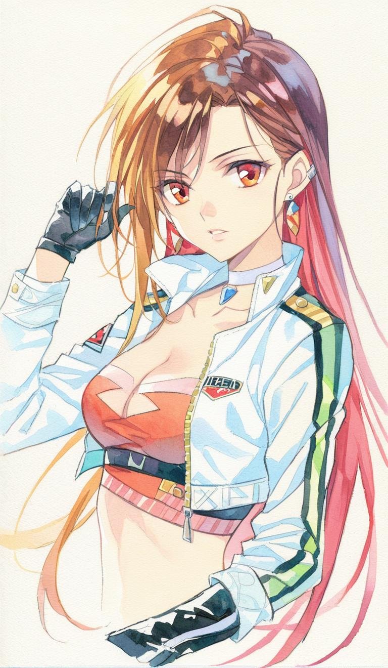 watercolor,1girl, arm up, black gloves, black hair, breasts, brown hair, choker, cleavage, collarbone, crop top, cropped jacket, earrings, gloves, hair behind ear, jacket, jewelry, long hair, long sleeves, looking at viewer, medium breasts, midriff, open clothes, open jacket, orange eyes, parted lips, red eyes, shirt, simple background, solo, white background, white choker, white jacket,<lora:SoftWatercolor-000012:1>