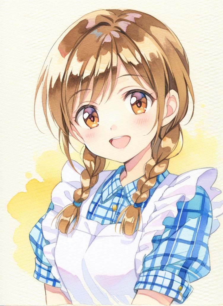 watercolor, 1girl, solo, braid, twin braids, smile, hair over shoulder, open mouth, apron, upper body, plaid, brown eyes, long hair, looking at viewer, short sleeves, :d, brown hair, blush,<lora:SoftWatercolor-000015:0.7>