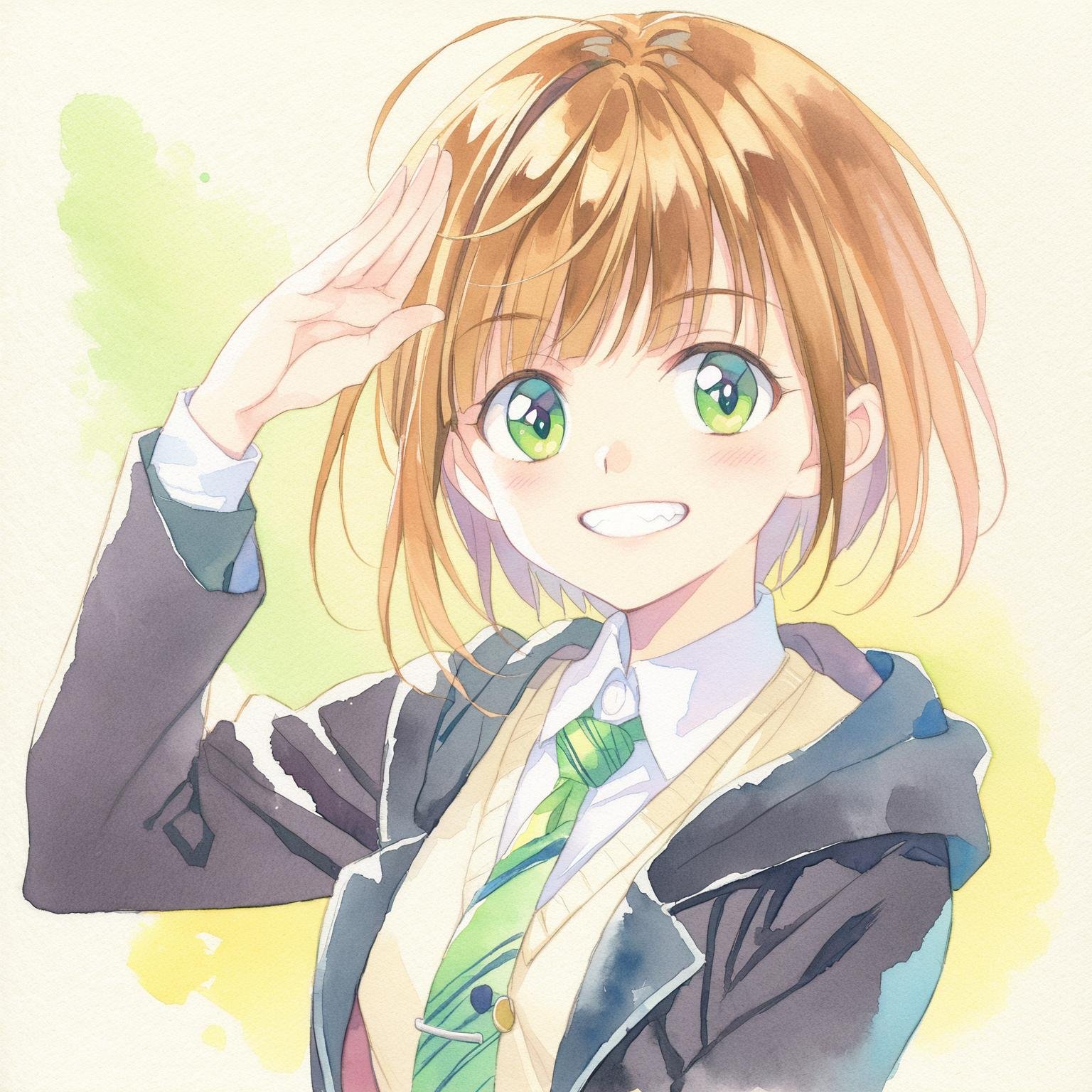 watercolor, 1girl, necktie, solo, green eyes, smile, jacket, green background, looking at viewer, shirt, simple background, bangs, collared shirt, upper body, grin, brown hair, hood, medium hair, blush, black necktie, green necktie, school uniform, black jacket, salute, teeth, long sleeves, blunt bangs, white shirt, open clothes, sweater, short hair ,<lora:SoftWatercolor-000017:0.9>