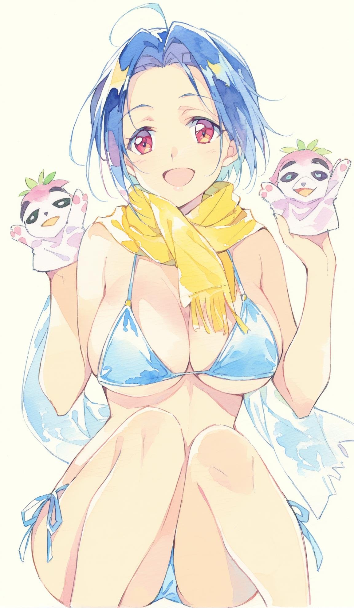 watercolor, 11girl, miura azusa, swimsuit, bikini, scarf, solo, short hair, breasts, blue hair, red eyes, large breasts, open mouth, smile, ahoge, hand puppet, side-tie bikini bottom, puppet, blue bikini, cleavage, sitting, <lora:LightWatercolor:0.9>