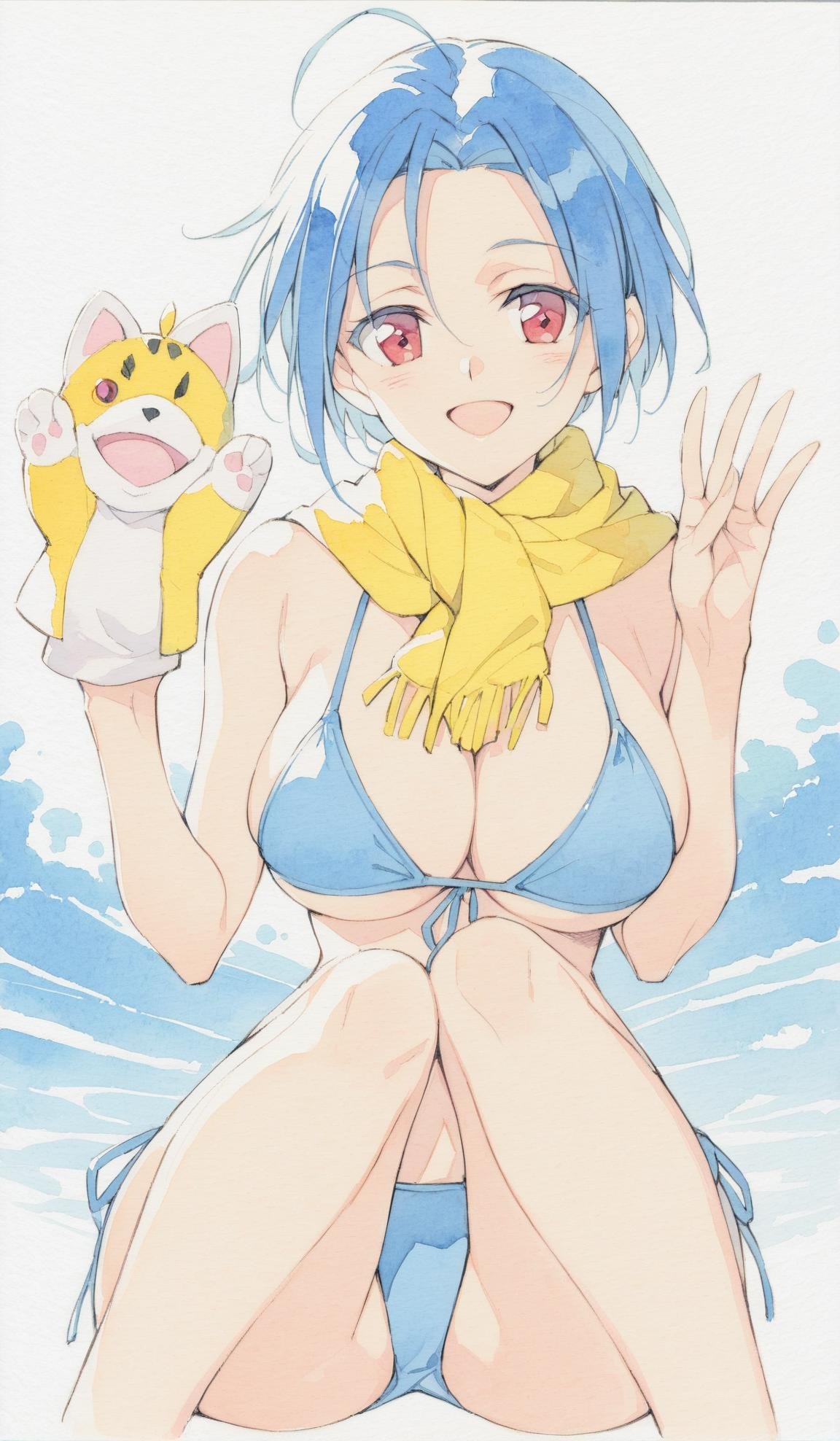 watercolor, 1girl, miura azusa, swimsuit, bikini, scarf, solo, short hair, breasts, blue hair, red eyes, large breasts, open mouth, smile, ahoge, hand puppet, side-tie bikini bottom, puppet, blue bikini, cleavage, sitting, <lora:Softwatercolor-000009:1>