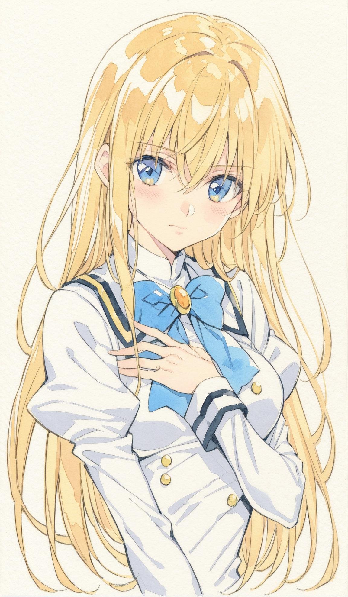 watercolor, 1girl, long hair, solo, blonde hair, school uniform, upper body, ribbon, blush, bow, long sleeves, blue eyes, hair ribbon, juliet sleeves, looking at viewer, closed mouth, hair between eyes, bowtie, puffy sleeves, shirt, white shirt, blue bow, bangs, breasts, hand on own chest, blue bowtie, medium breasts, white background, simple background, cropped torso, painting, <lora:Softwatercolor-000009:1>