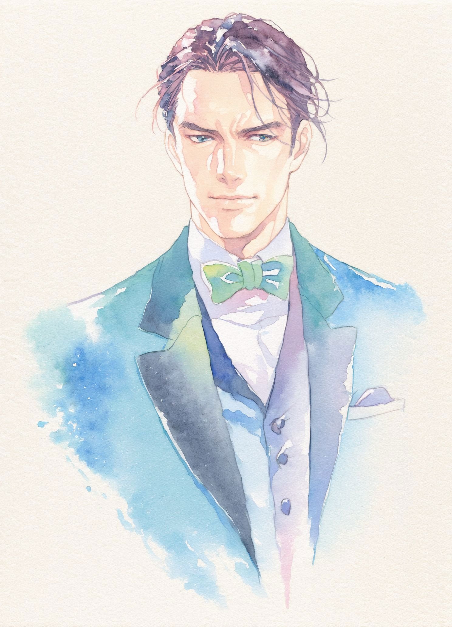 watercolor, 1boy, male focus, solo, formal, bowtie, painting, bow, suit, black hair, upper body,<lora:SoftWatercolor-000012:1>