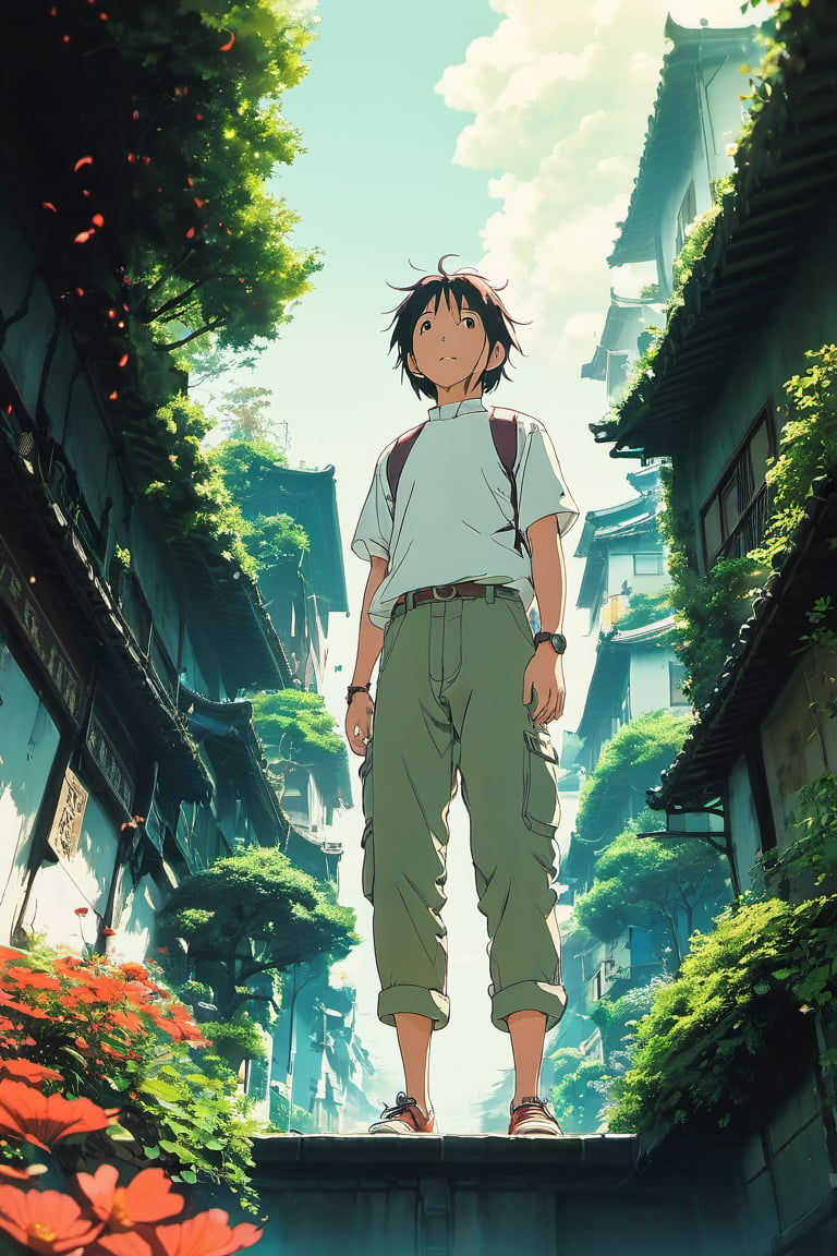 sky,  torn pants,  forehead marks, blur, plants, floating, Spirited Away,ghibli, cinematic color, ghost, 