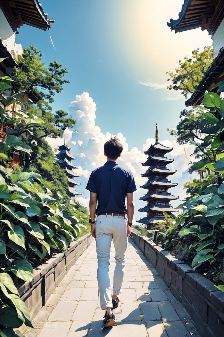 sky, pagoda, torn pants, multiple boys, forehead mark, blurry, plant