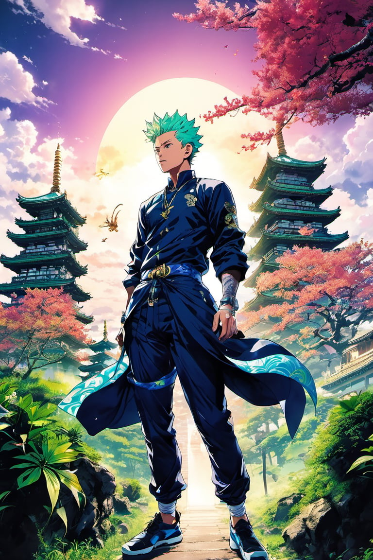 sky, pagoda, temple, torn pants, fly on air, forehead mark, blur, plant, Jujutsu Kaisen Geto Suguru, JoJo's Bizarre Adventure