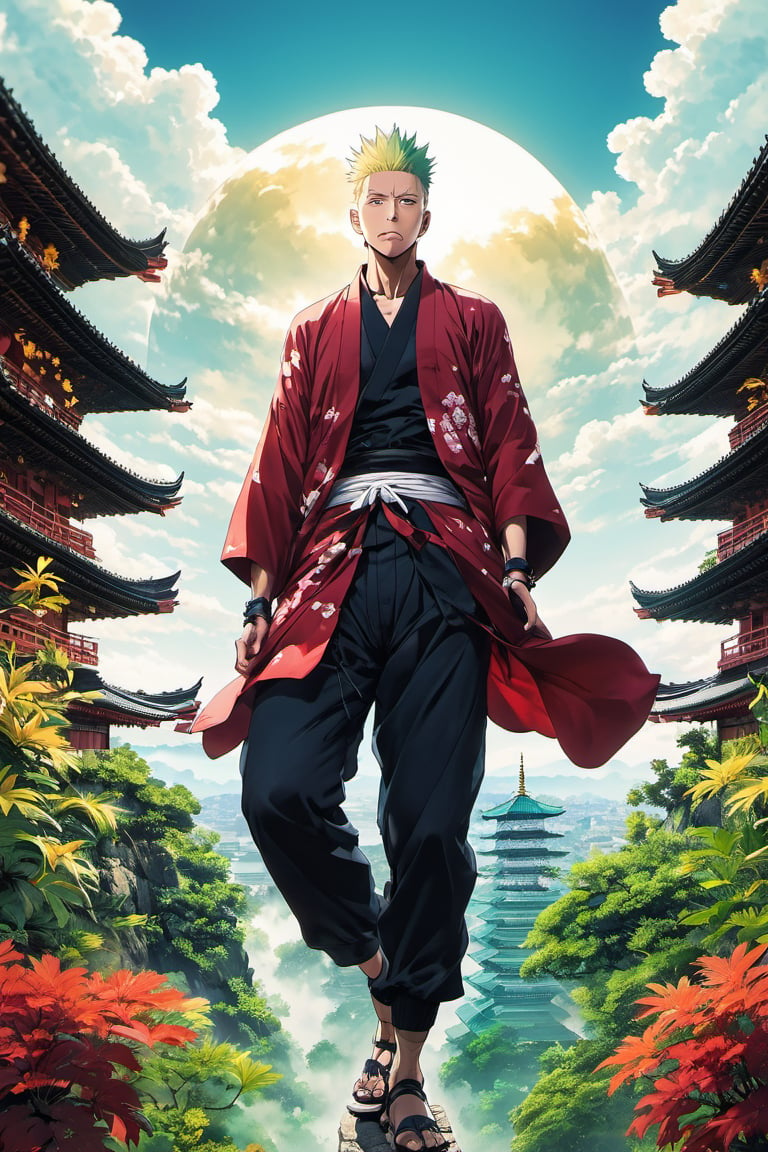 sky, pagoda,temple,  torn pants, forehead mark, blurry, plant,  Jujutsu Kaisen, Geto Suguru, Gojo Satoru