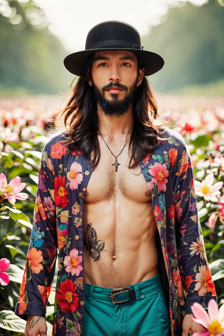 long hair, beard, colorful cinematic, petals, holding, tattoo, ripples, hat, breasts, bug