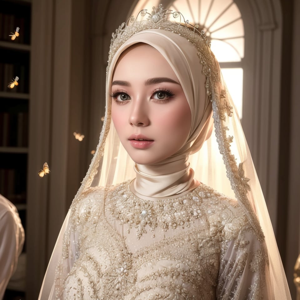 official art, unity 8k wallpaper, ultra detailed, beautiful and aesthetic, masterpiece, best quality, Surrealism, high detail, modern, motion blur, ray tracing, film grain, drop shadow, UHD, masterpiece, anatomically correct, super detail, 4K, A graceful woman with hijab and hair ornament, (wedding dress:1.4) dressed in an ethereal angel gown with intricate lace and delicate embroidery, surrounded by a soft glow. The artwork should have a cinematic feel with dramatic lighting and a mystical setting. The artist's style should be realistic and highly detailed, taking inspiration from the works of Victoria Frances and Nene Thomas. The resolution should be 4K or higher, by Artgerm, 4k, natural daylight, white head crown with full ornament, perfection, ultra high res, hijab wedding,firefliesfireflies