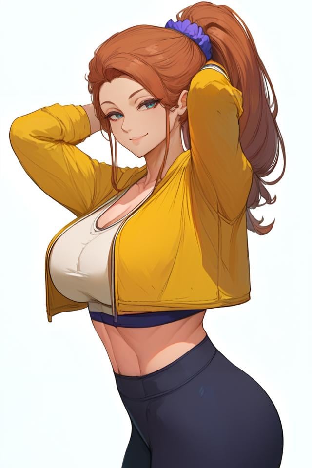 ,csr style, 1girl,solo,sports bra, yoga pants, crop jacket,upper body,looking at viewer, long hair, long ponytail, scrunchie,  behind head, smile,mature female, large breasts<lora:cutesexyronutts_style_xl:0.9>, score_9,score_8_up,score_7_up,score_6_up