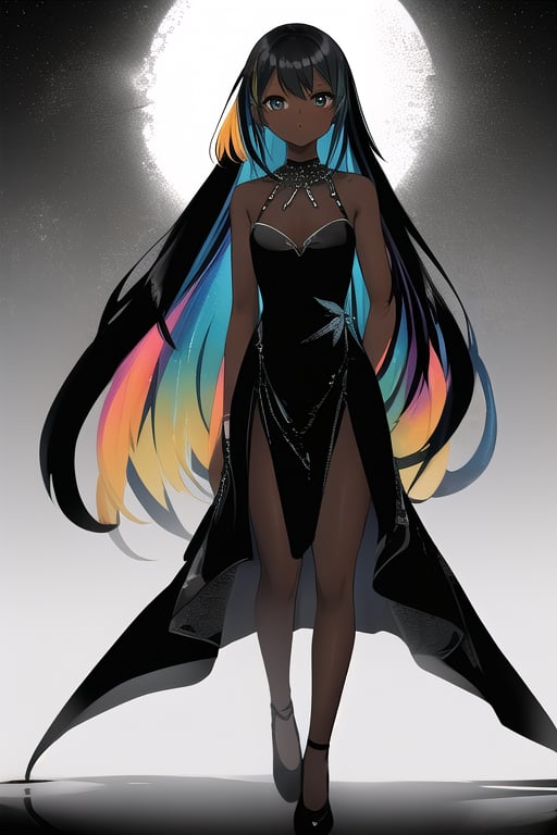 Dana, black skin, long straight hair, colorfull dress 