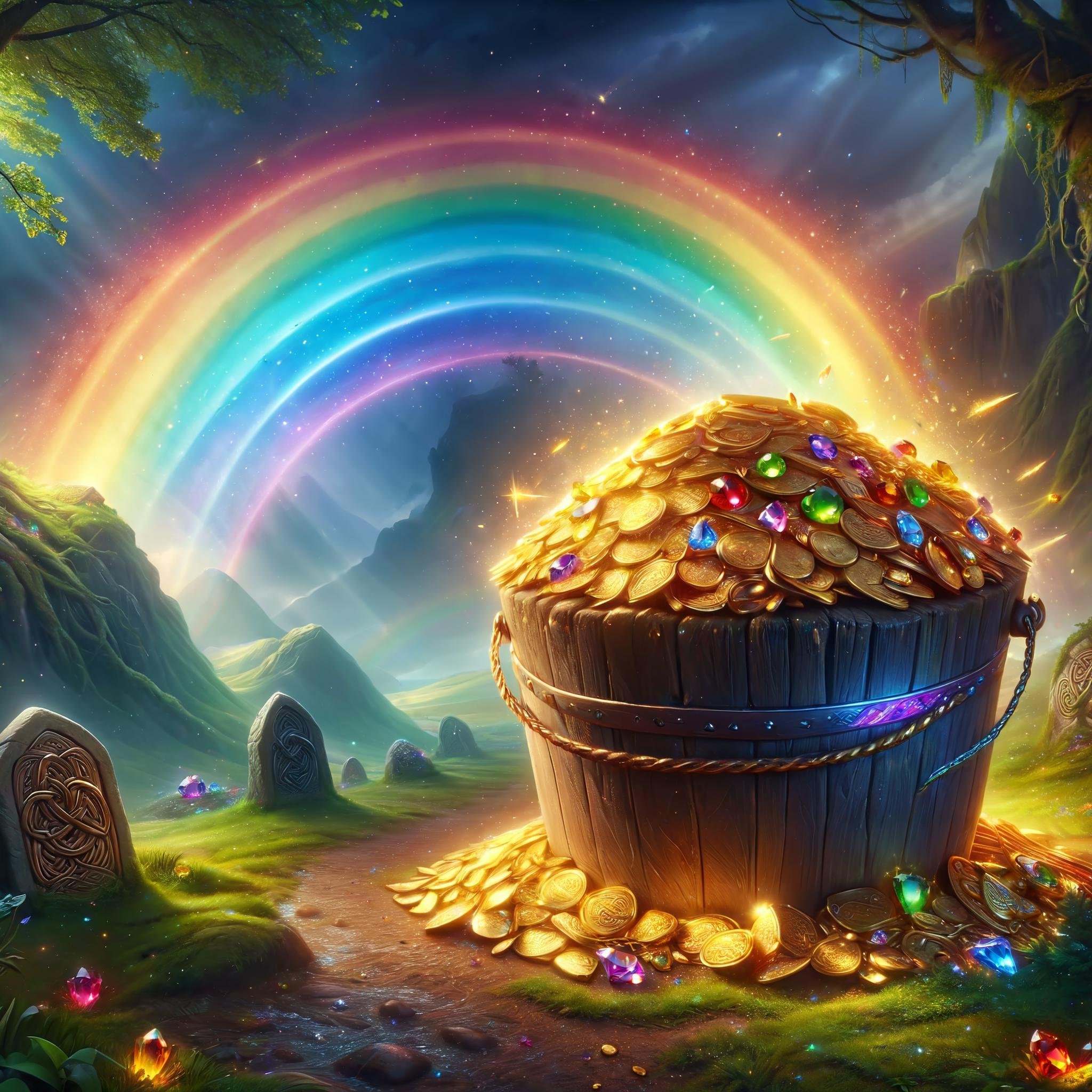 Masterpiece,absurd resolution,8k,BucketGoldUnderTheRainbow,celtic style, bucket of gold, under rainbow, rainbow, no humans, gem, tree, crystal, scenery, treasure chest, outdoors, sky, gold, glowing colorful gems,night,<lora:BucketGoldUnderTheRainbowSDXL:1>, <lora:add-detail-xl:0.6>