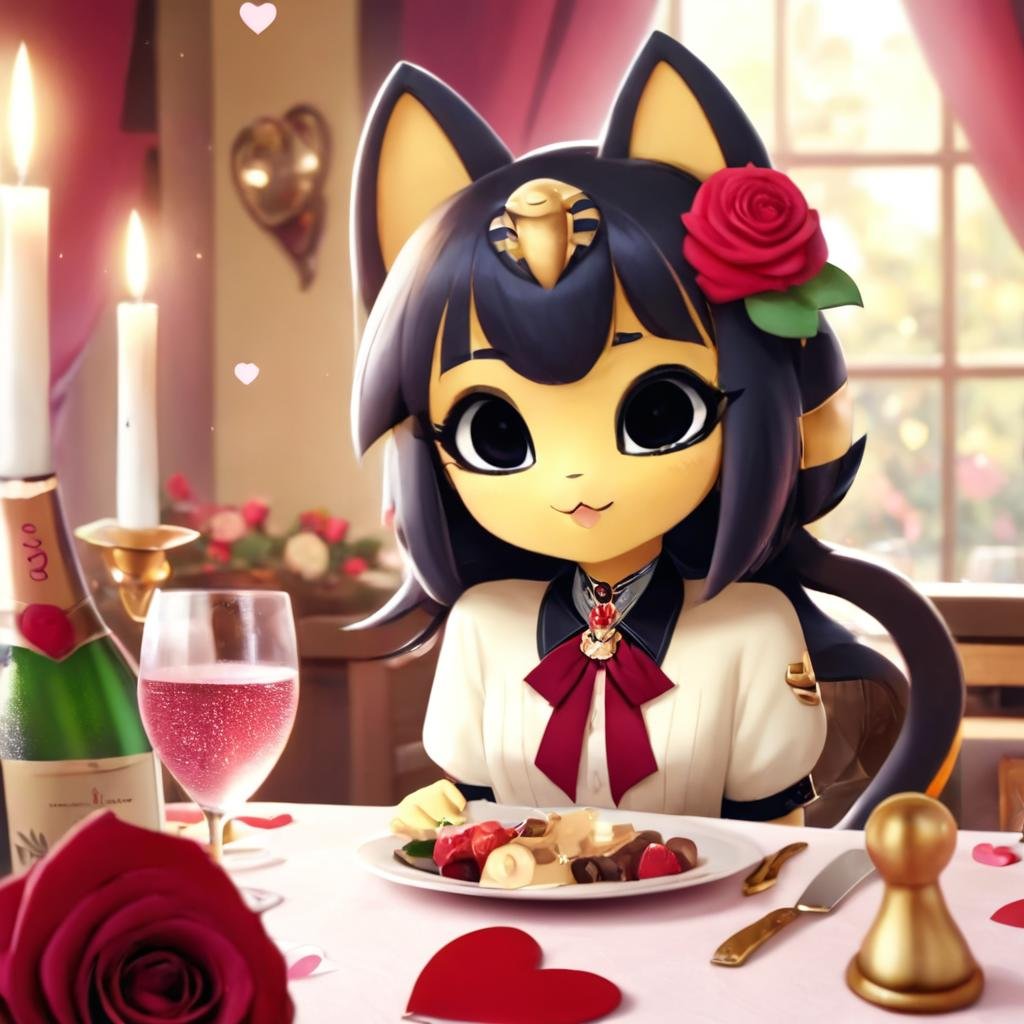 ValentinesDateSDXL,solo,1girl,long hair,cute face,(((whole upper body))),(((Whole head in frame))), (((whole face in frame))),flooking at viewer,blush,smile,bangs,cute tail,brown hair,shirt,ribbon,jewelry,sitting,flower,earrings,food,cup,petals,black ribbon,neck ribbon,depth of field,rose,table,bottle,knife,red flower,plate,champagne,drinking glass,red rose,fork,candle,wine glass, fancy champagne glass,candlestand,champagne flute,champagne,pov across table ,valentine,valentine style,nice hands, <lora:ValentinesDateSDXL:1>,valentine style,fancy  fancy champagneglass ,    Ankha, Animal Crossing <lora:ankha_v0.0.1:1>,