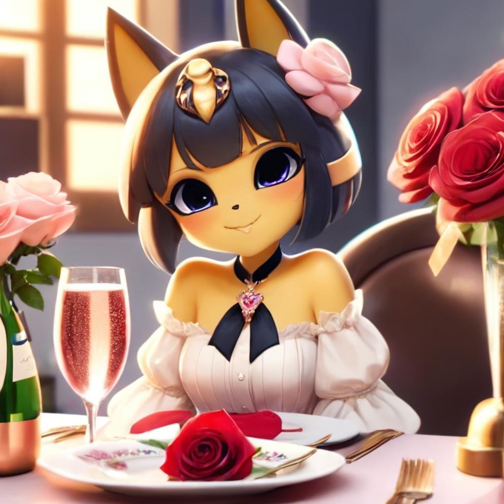 ValentinesDateSDXL,solo,1girl,long hair,cute face,(((whole upper body))),(((Whole head in frame))), (((whole face in frame))),flooking at viewer,blush,smile,bangs,cute tail,brown hair,shirt,ribbon,jewelry,sitting,flower,earrings,food,cup,petals,black ribbon,neck ribbon,depth of field,rose,table,bottle,knife,red flower,plate,champagne,drinking glass,red rose,fork,candle,wine glass, fancy champagne glass,candlestand,champagne flute,champagne,pov across table ,valentine,valentine style,nice hands, <lora:ValentinesDateSDXL:1>,valentine style,fancy  fancy champagneglass ,    Ankha, Animal Crossing <lora:ankha_v0.0.1:1>,