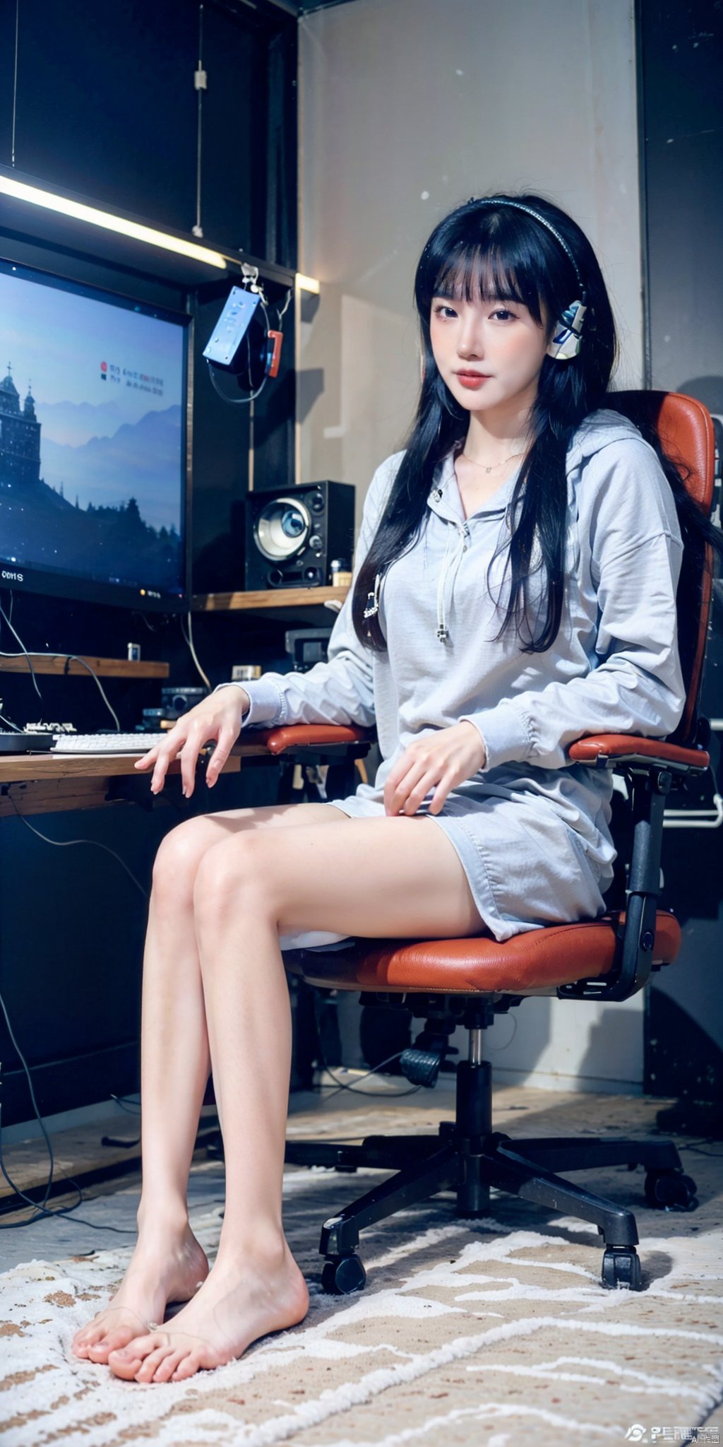 The background is the e-sports room,  an e-sports girl,  wearing a silver gray hoodie by 炼丹师 on Tensor.Art