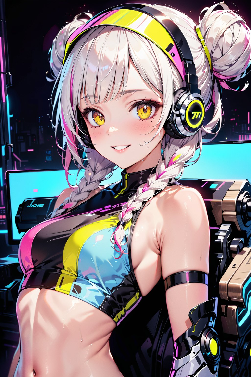 masterpiece, best quality, 8k HD, brillint lighting effect, sharp quality, intricate details:0.8,ultra resolution, Triadic color scheme, 1girl , korean, upper-body, wide smile, intricate detailed yellow eyes , eyelashes,  pointy face,(silver_color_with_streaks_braids_bun_hairstyle, beautiful bangs, curls), DJ Headphones ,Crop top, Mechanical parts, cyborg arm, cyborg visor, sniper rifile in hand , more detail XL,Extremely Realistic