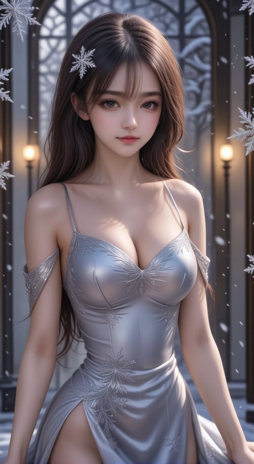 1girl, (masterpiece, top quality, best quality, official art, beautiful and aesthetic:1.2), (1girl), shoulders, loose dress, silver and golden dress, cleavage, extreme detailed, (snowflakes), (fractal art:1.3), colorful, highest detaile, fair skin, (middle body:0.7), dynamic pose,,<lora:659095807385103906:1.0>