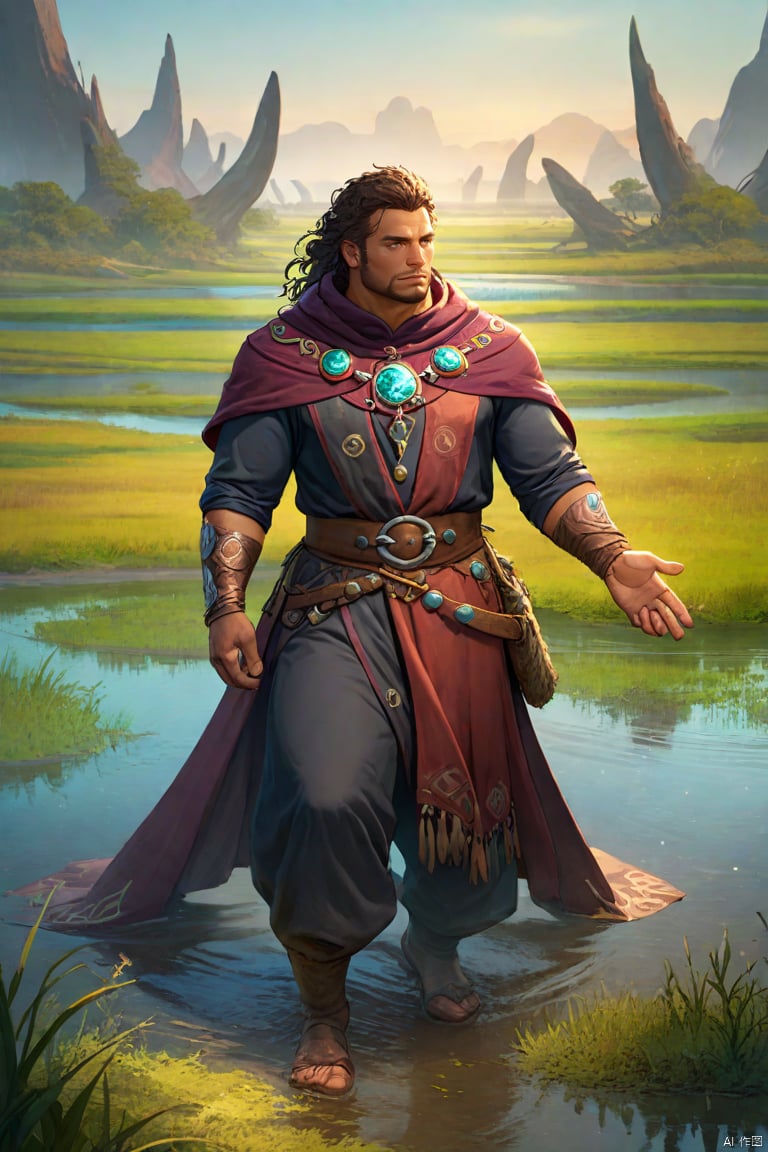 illustration,1guy,full body,male focus,bara,solo,muscular,facial hair,Sorcerer,Swampland Marshes,best quality,4k,amazing quality, best aesthetic, absurdres, year 2023,